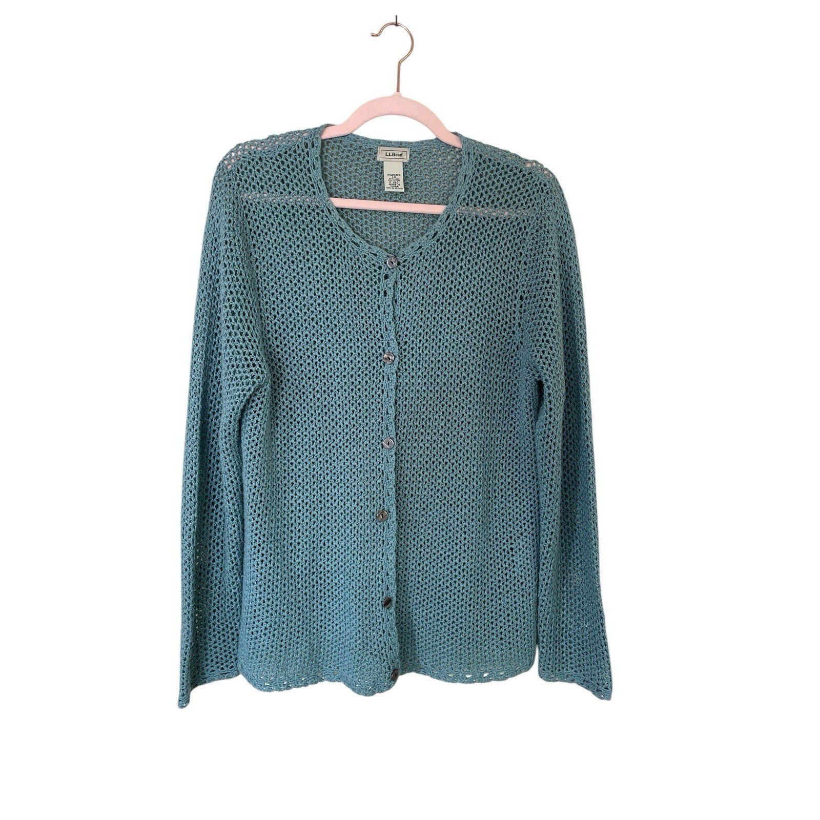 L.L. Bean Vintage Cottage core Open Knit Cardigan Woman Size Large cotton blend