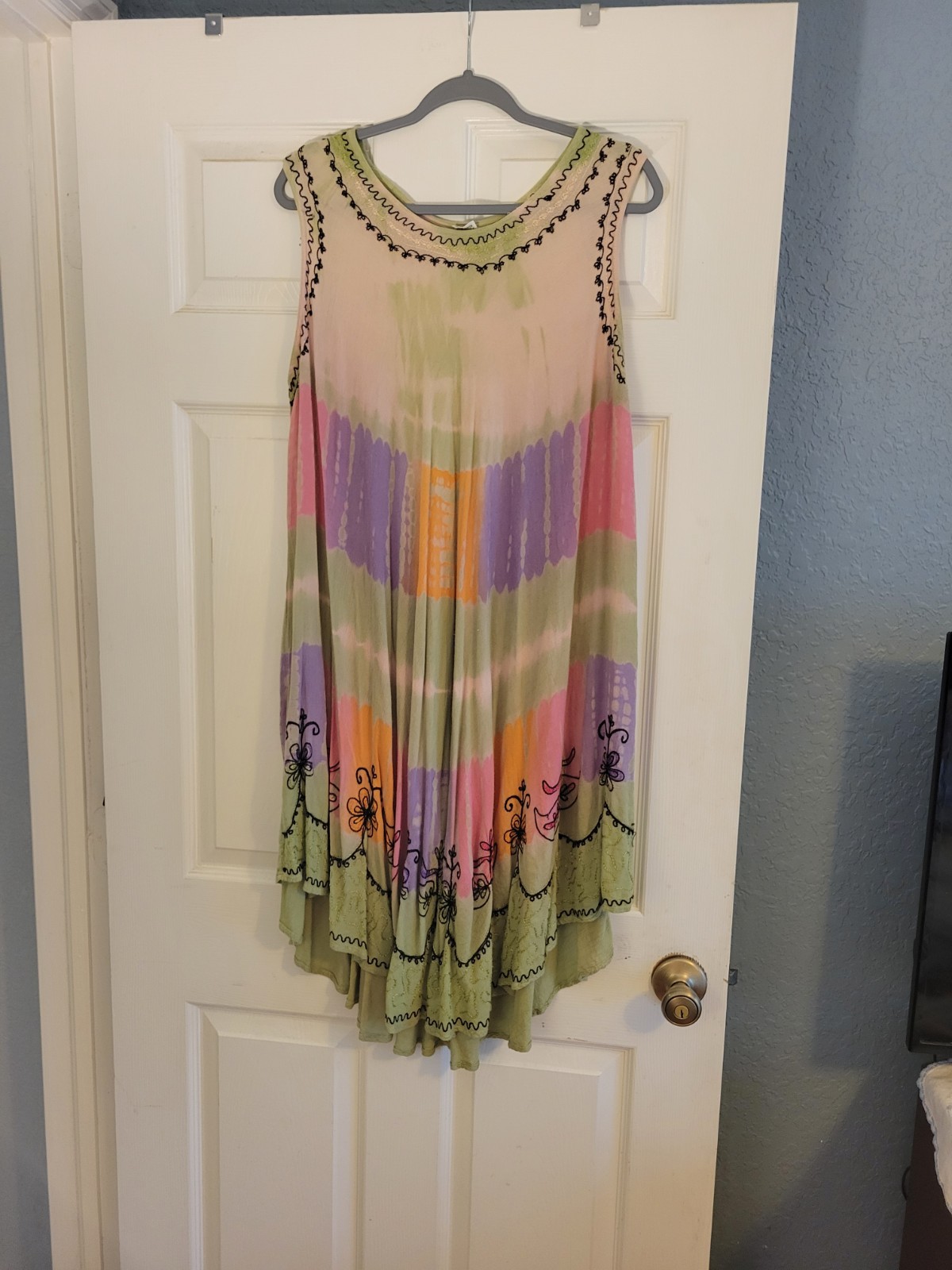Multicolor Tie-Dye Embroidered Sundress – Green, Pink, Purple, Orange Free Size