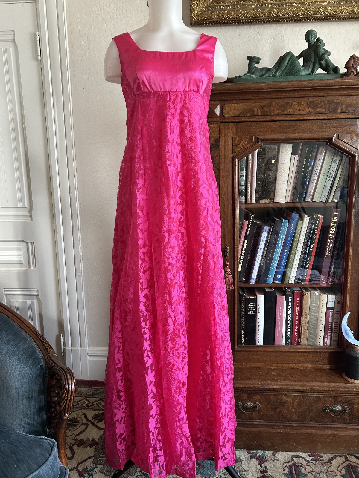 Vintage 1960s HOT Pink Shiny Empire Waist Maxi Dress Lace Overlay Formal XS S