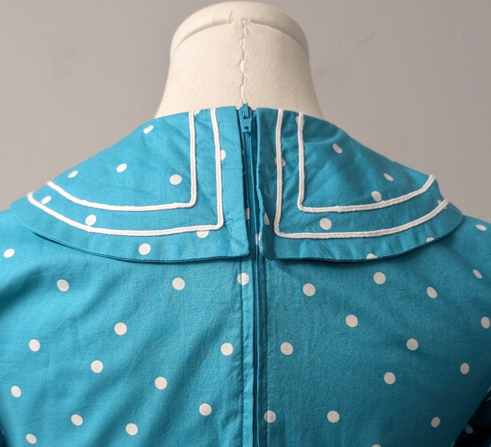 Vintage 80&rsquo;s Laura Ashley Aqua Sailor White Polka Dot Dress Pockets GB US 6 S