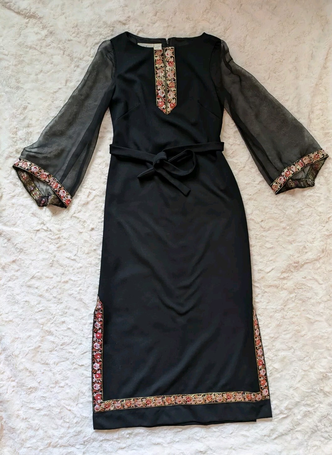 60s/70s L&rsquo;aiglon Original Black Dress Sheer Sleeves Floral Ribbon Trim