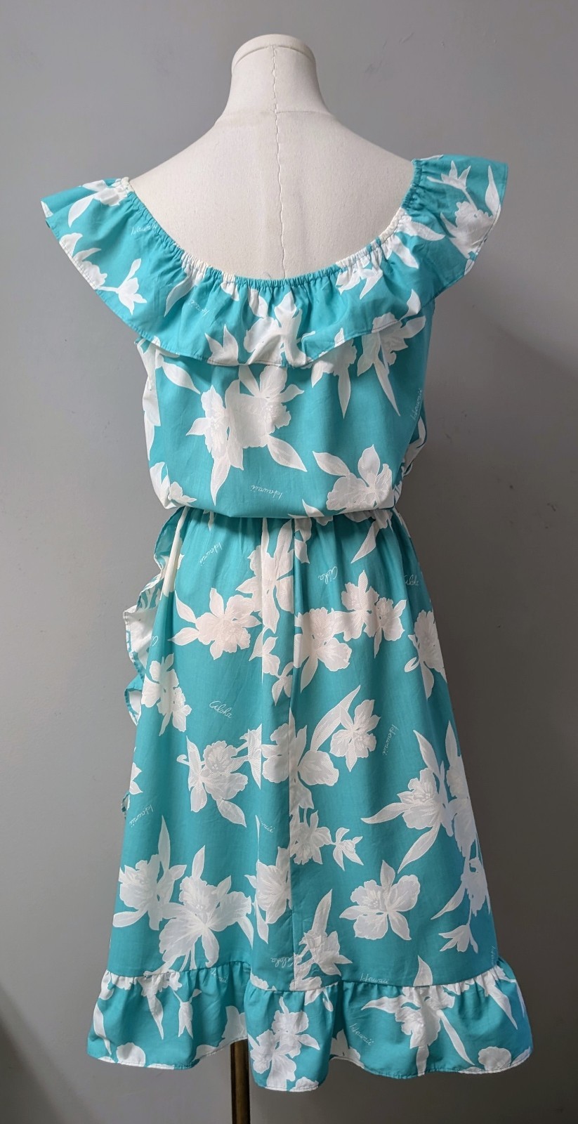 Vintage 70&rsquo;s Basically Hawaiian Aqua White Side Ruffle Dress Made In Hawaii M