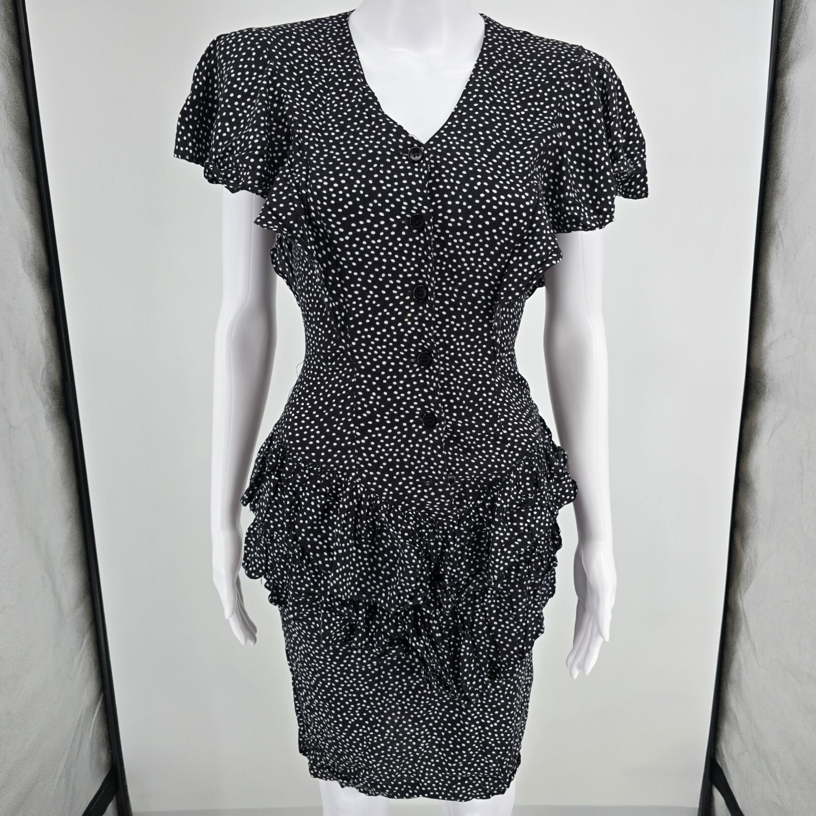Vintage 1990s Audrey Celine Black/White Dot Print Shirtwaist Day Dress (XS)