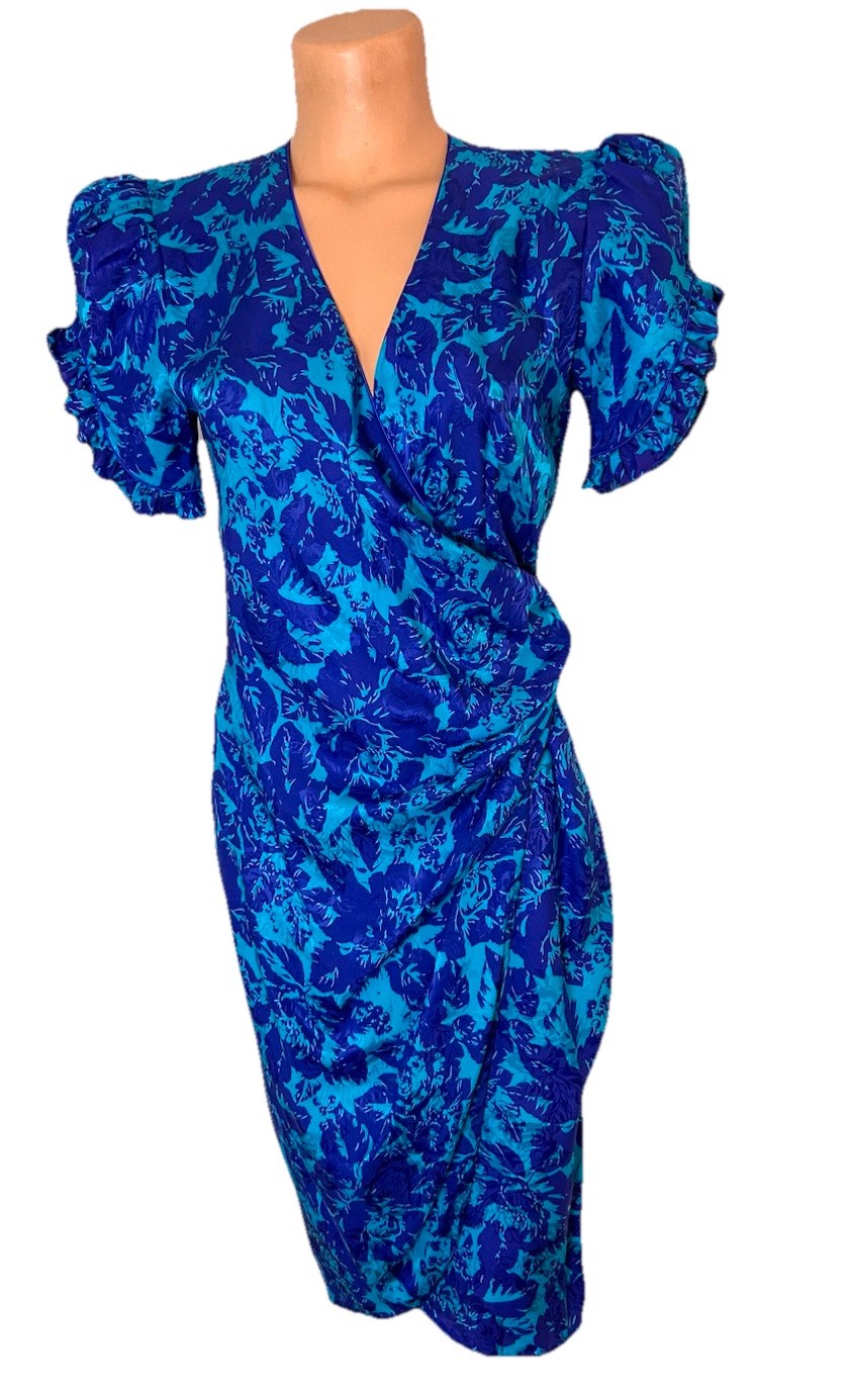 Vtg 80s Flora Kung 100% Silk Floral Puff Sleeve Midi Wrap Dress Teal Purple Sz 4