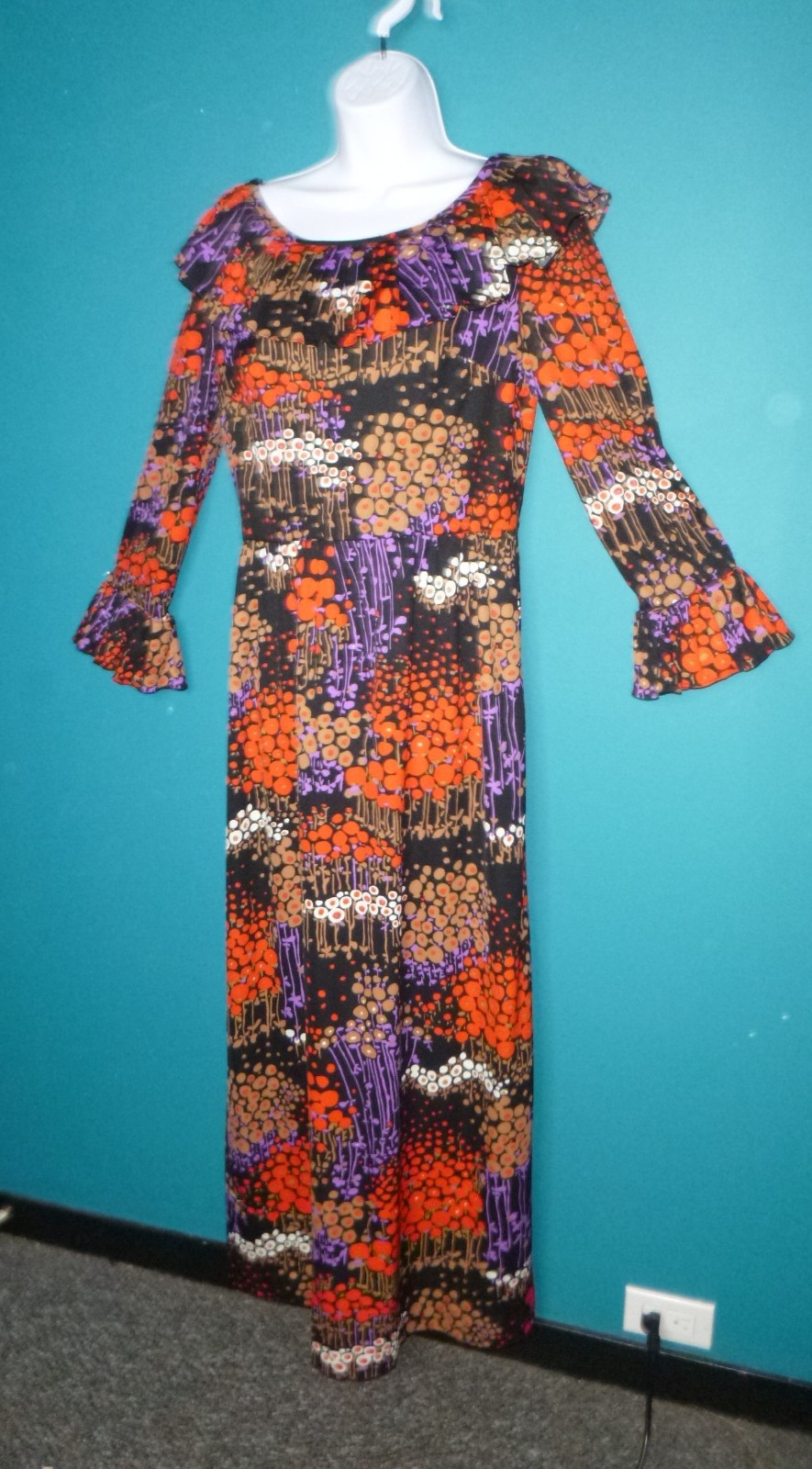 Vtg 70s Dynasty Stretch Poly MOD Maxi Dress Stylized Floral Sz S/M Hong Kong
