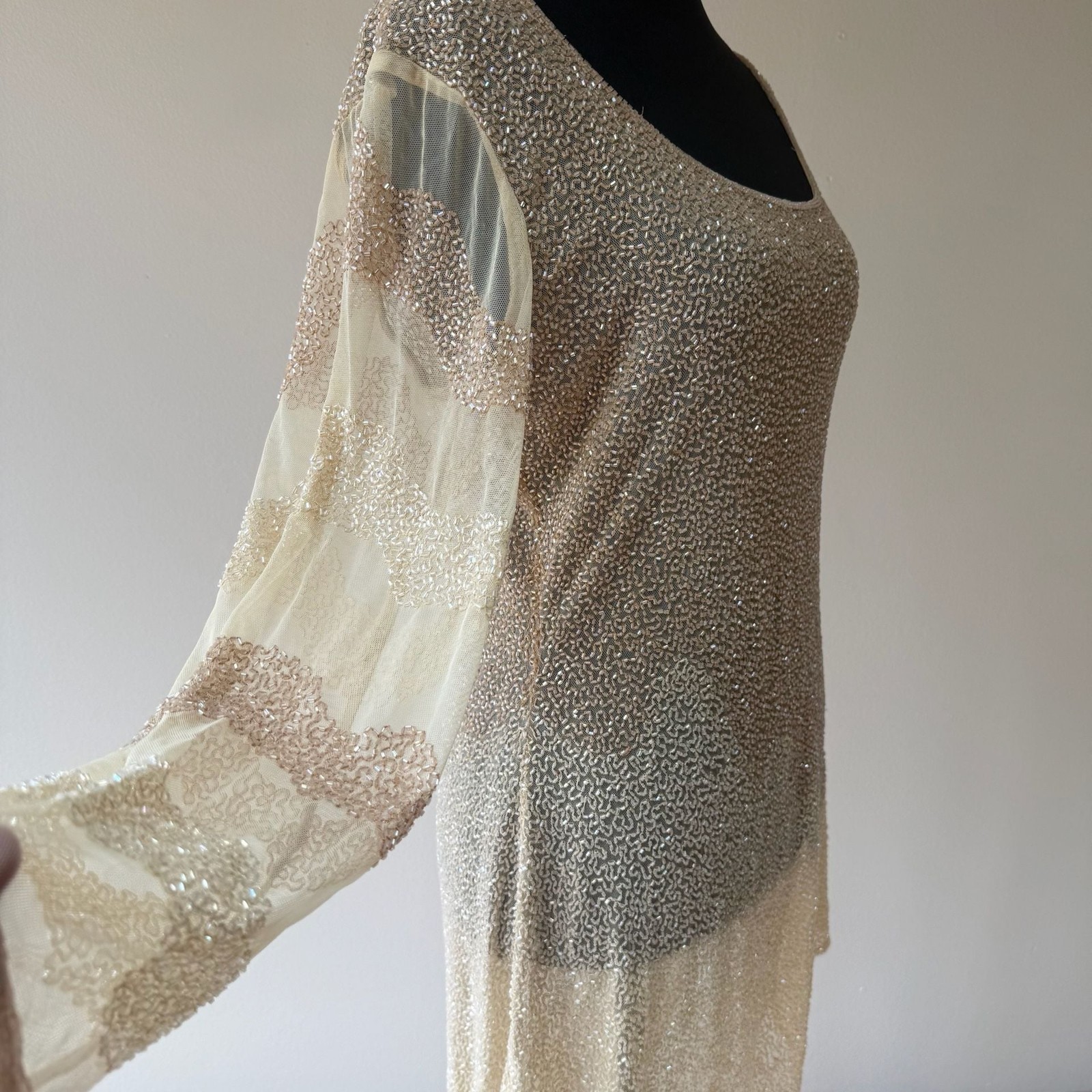 Vintage Fully Beaded Sequined Cream Asymmetrical Shirt Dress Sheer