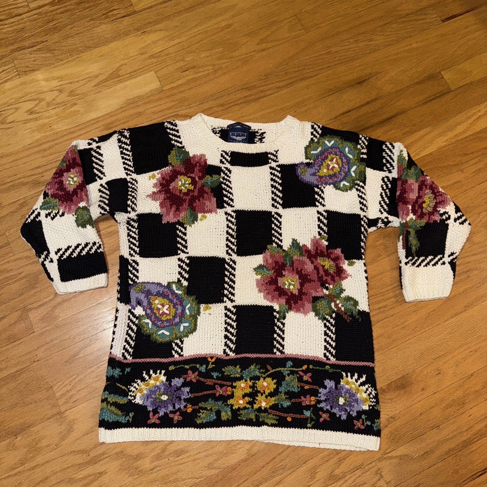 Vintage Chunky Hand Knitted Floral Blocks Heavy Cotton Sweater Womens M Grandma