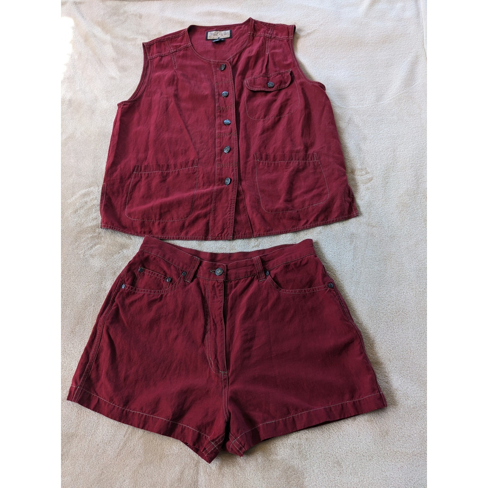 Vintage Carole Little Street Wear Silk Linen 2 Piece Set Vest Shorts Burgundy 12