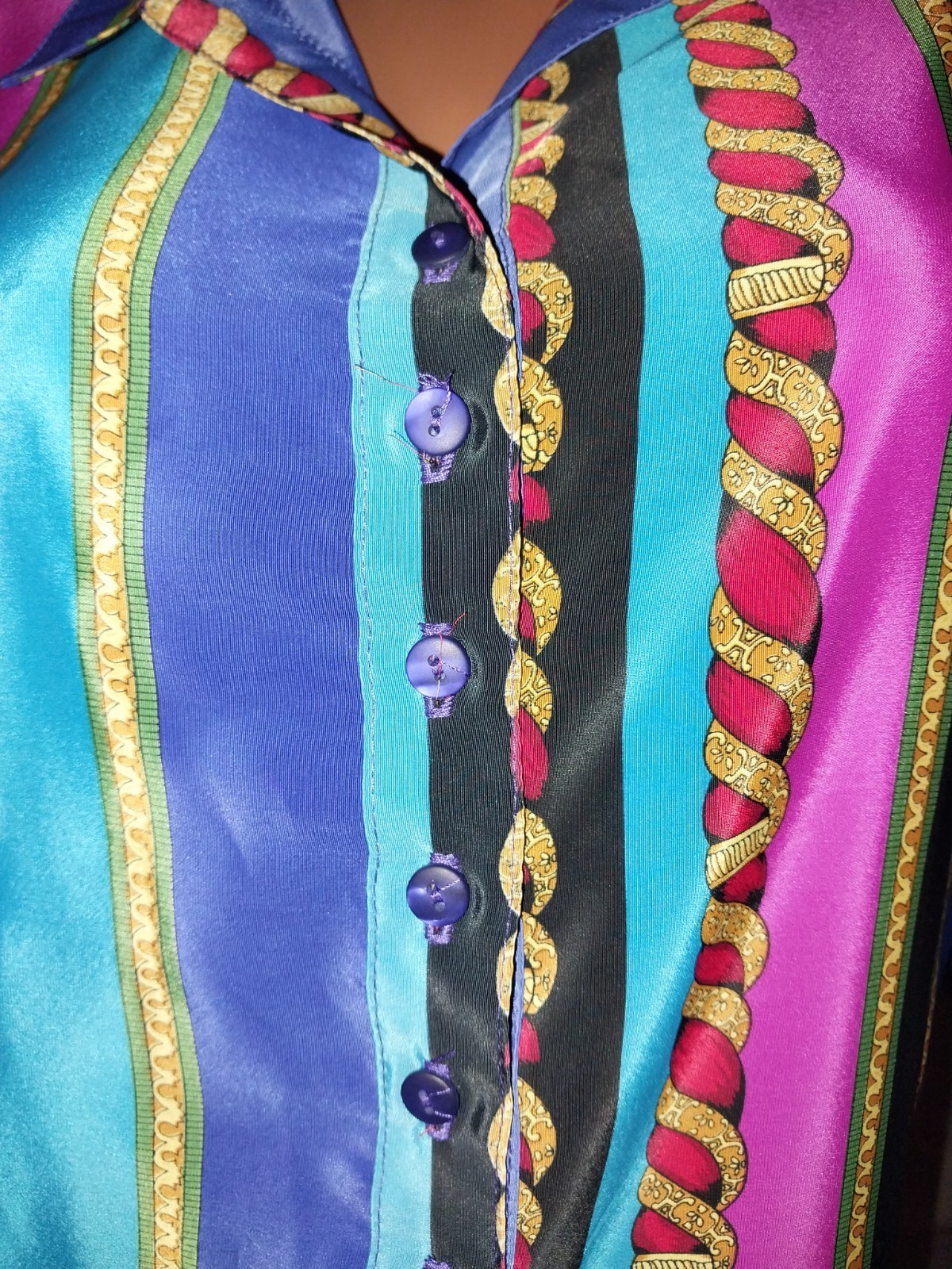 VTG SATIN SHINY VERSACE ESQUE NOTCH COLLAR BLOUSE GOLD ROPES GEO TOP USA 40&Prime; NOS
