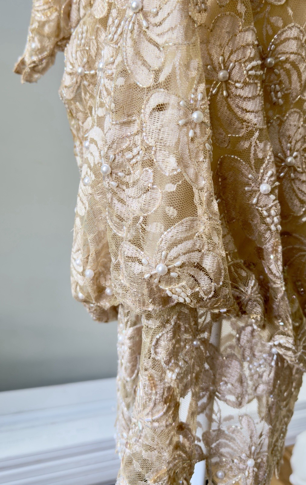 Vtg 80s CHAMPELLYSE Pure Silk Beaded Sequin Lace Tunic Dress M Drop Waist