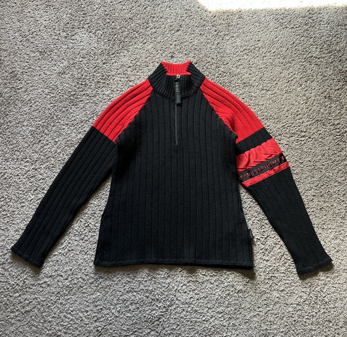Vintage Versace Sweater Medium Knit Red Black High Neck Ribbed Couture Y2K 90s