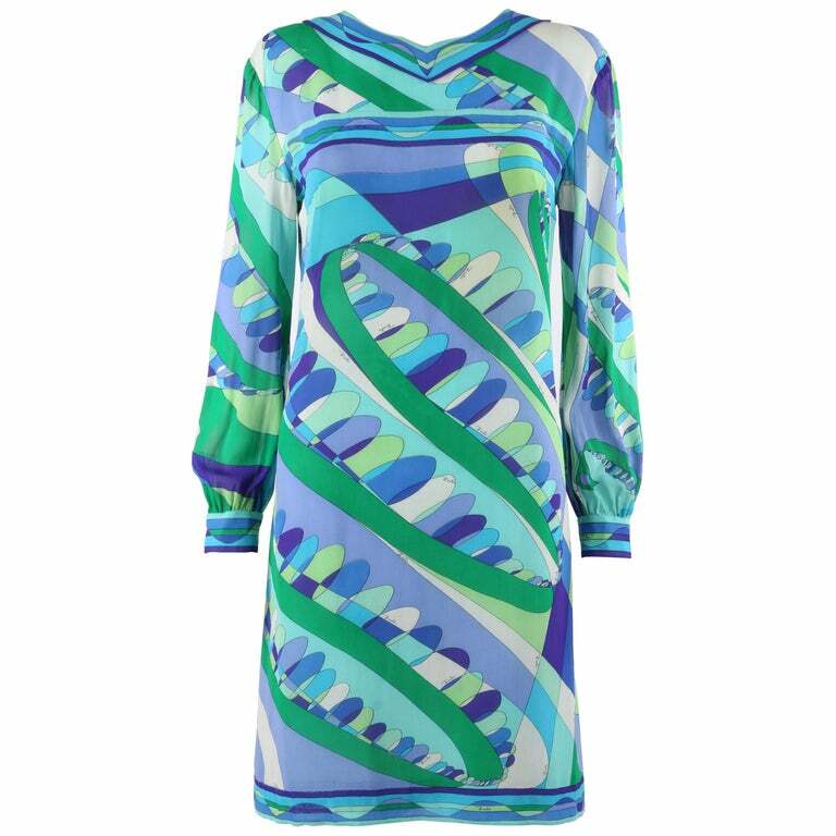 EMILIO PUCCI c.1960’s Blue Multi-Color Op Art Signature Print Sheath Dress