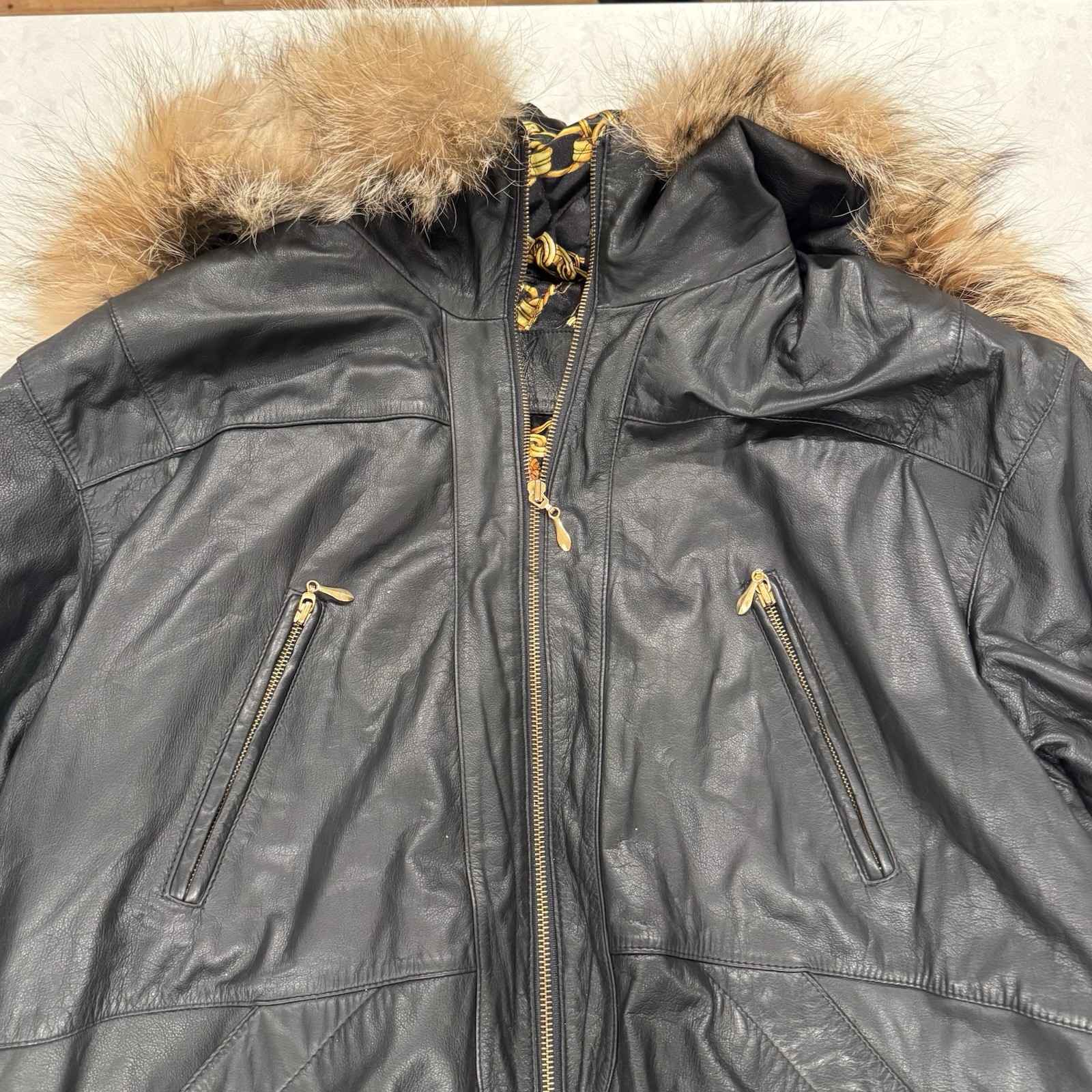 Jacqueline Ferrar Genuine Leather Jacket Coat Black W/Coyote Fur Hood Large