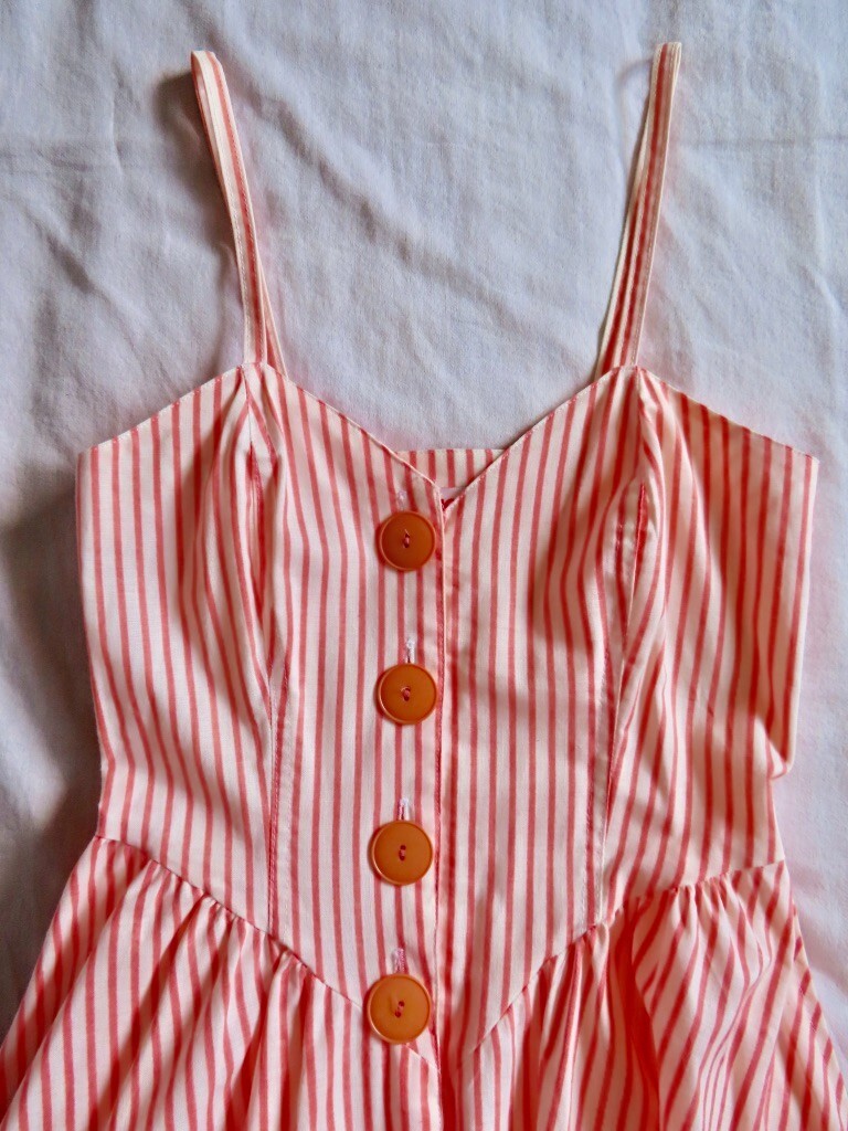 1990s Vintage Orange Stripe Pockets Hang Ten Full Skirt Dress sz XS / 32&Prime; chest