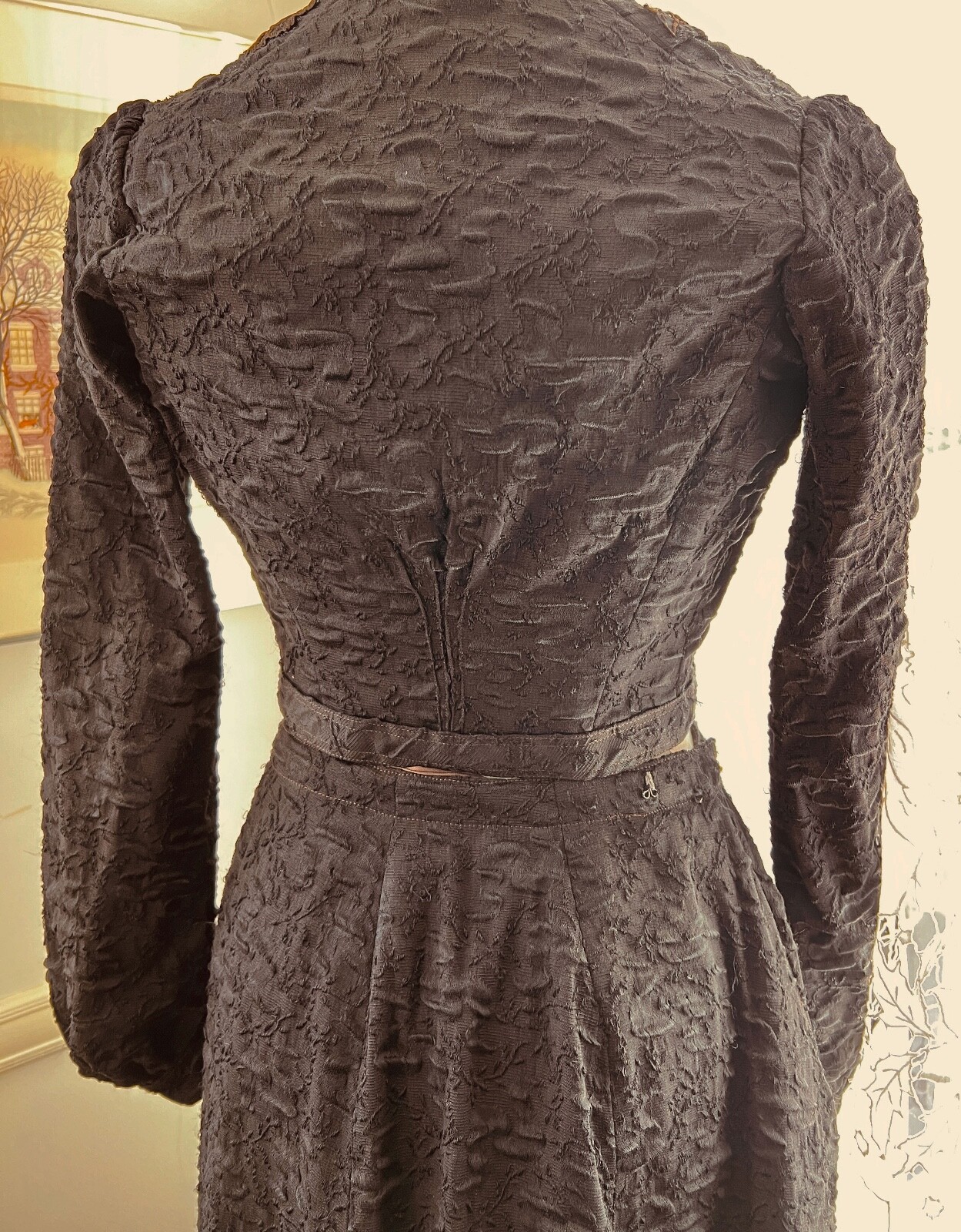 Antique Victorian Black Silk Brocatelle Walking Morning Suit C. 1870 ZZ062