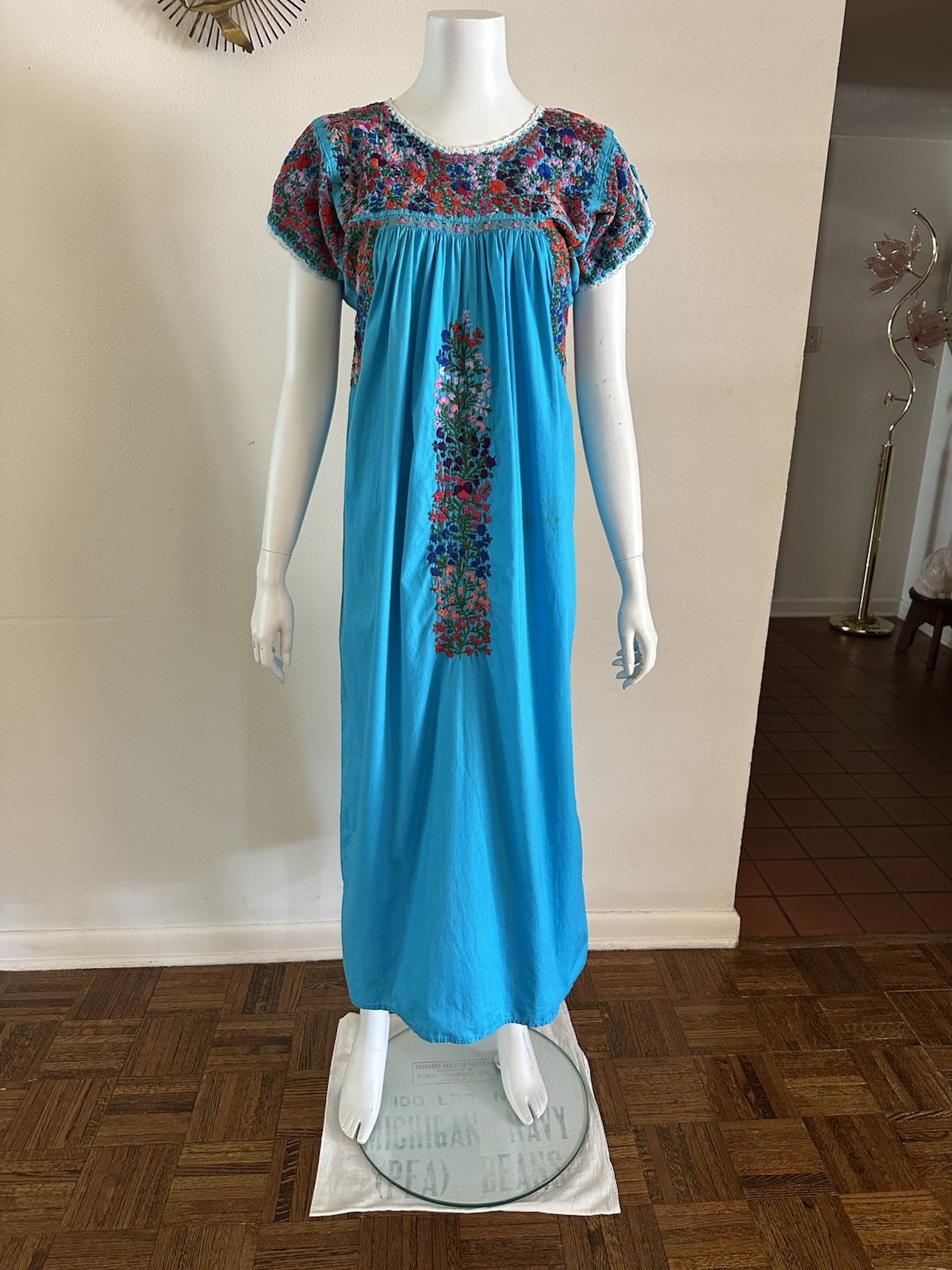 1970s Cotton Oaxacan Mexican Huipil Dress Embroidered Maxi STAINED AS IS Vintage