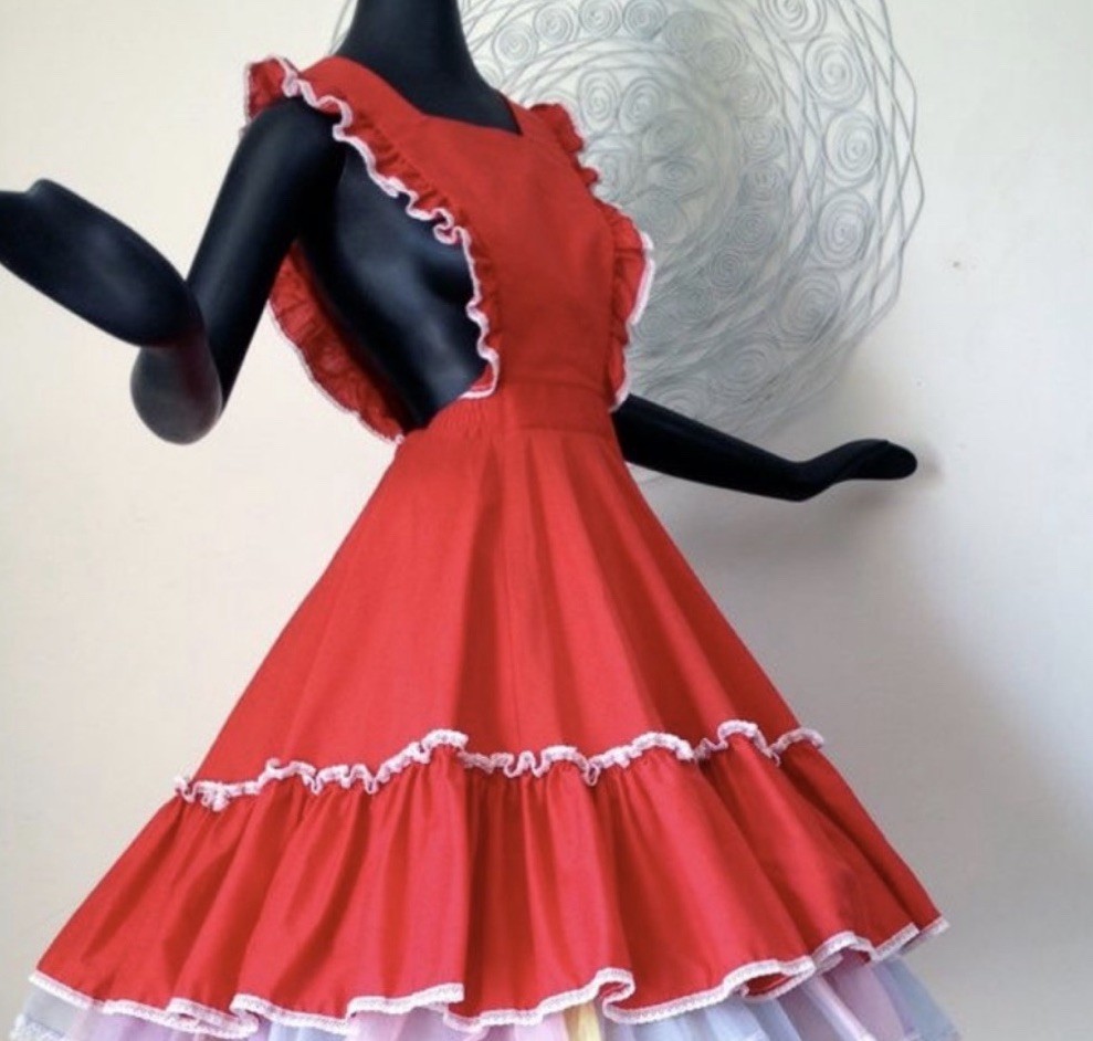 Vintage 70s Party Pleasers Malco Modes Red Prairie Square Dance Apron Dress Sz M