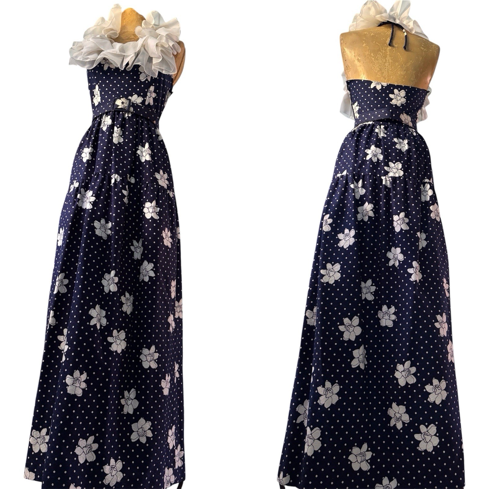Oscar de la Renta 1970s Floral Maxi Halter Dress With Ruffle