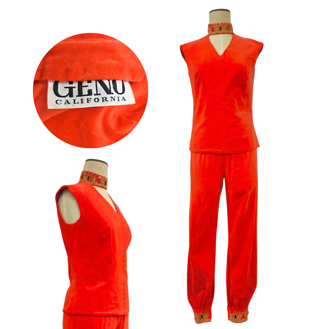 Vintage 1960s Geno California Electric Orange Jeweled Velvet 2pc Pant Set
