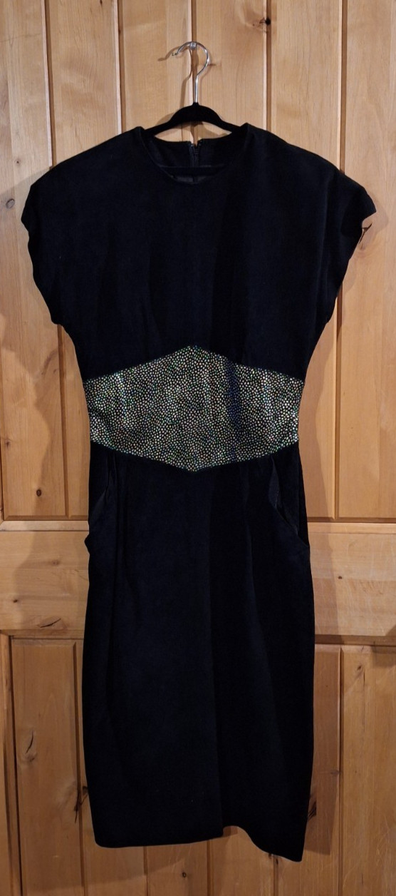 80s does 50s Black and Gold Leather Suede Wiggle Dress Pin Up Bad Girl Viva