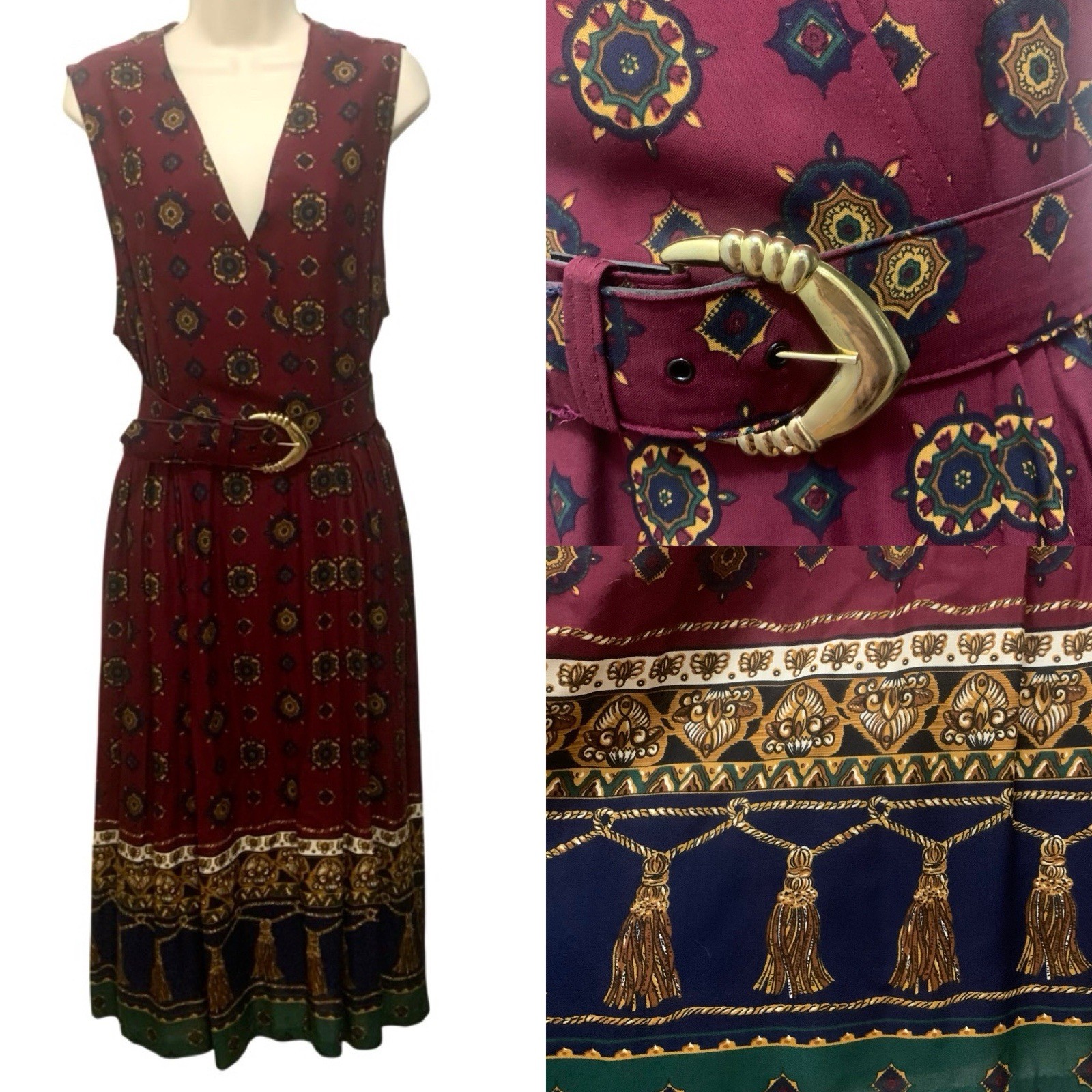 Vintage Bedford Fair Dress Sleeveless Belted Medallion Print Pockets Size 14