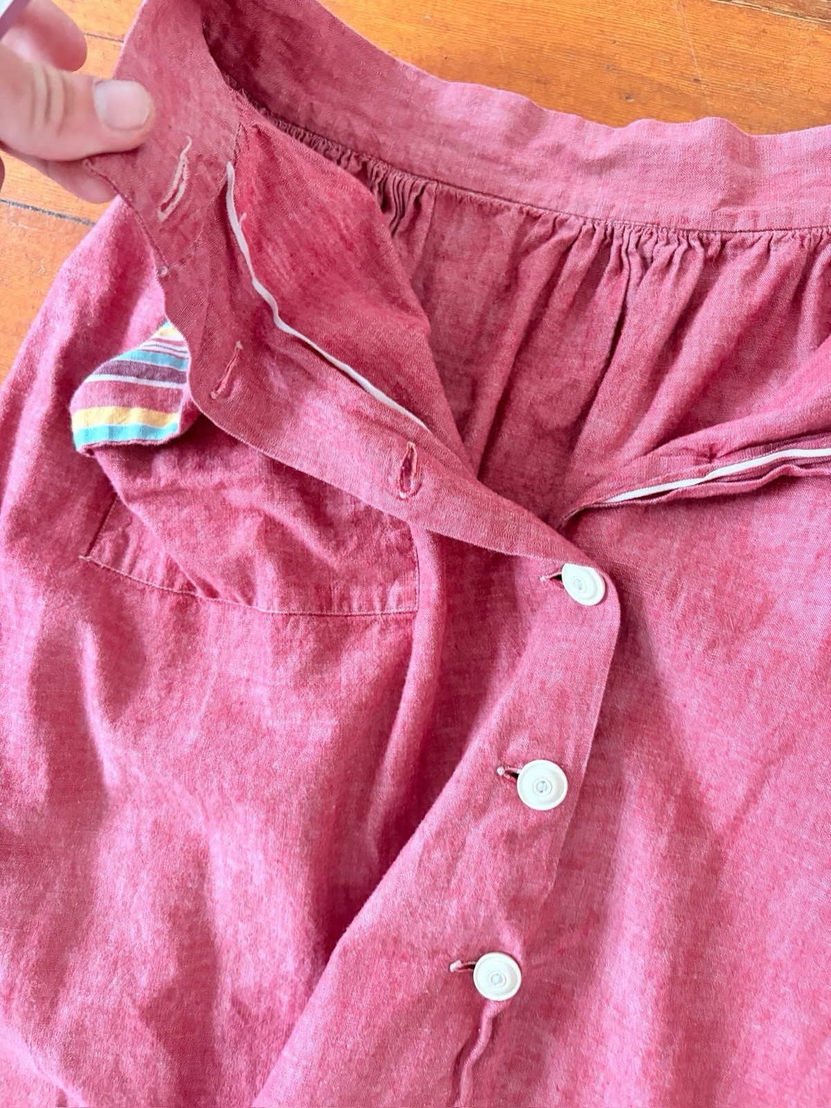 30s 40s Chambray Rayon Cotton Button Front Skirt Feedsack Pocket Workwear 24/25”