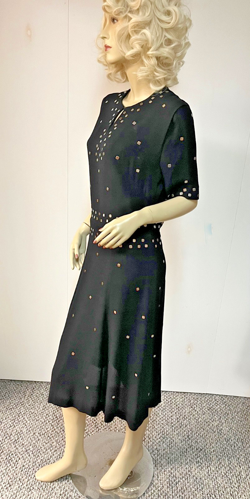 Stunning Prong Set Studded Vintage 1940s Black Rayon Mid Calf Dress Bust 38-39