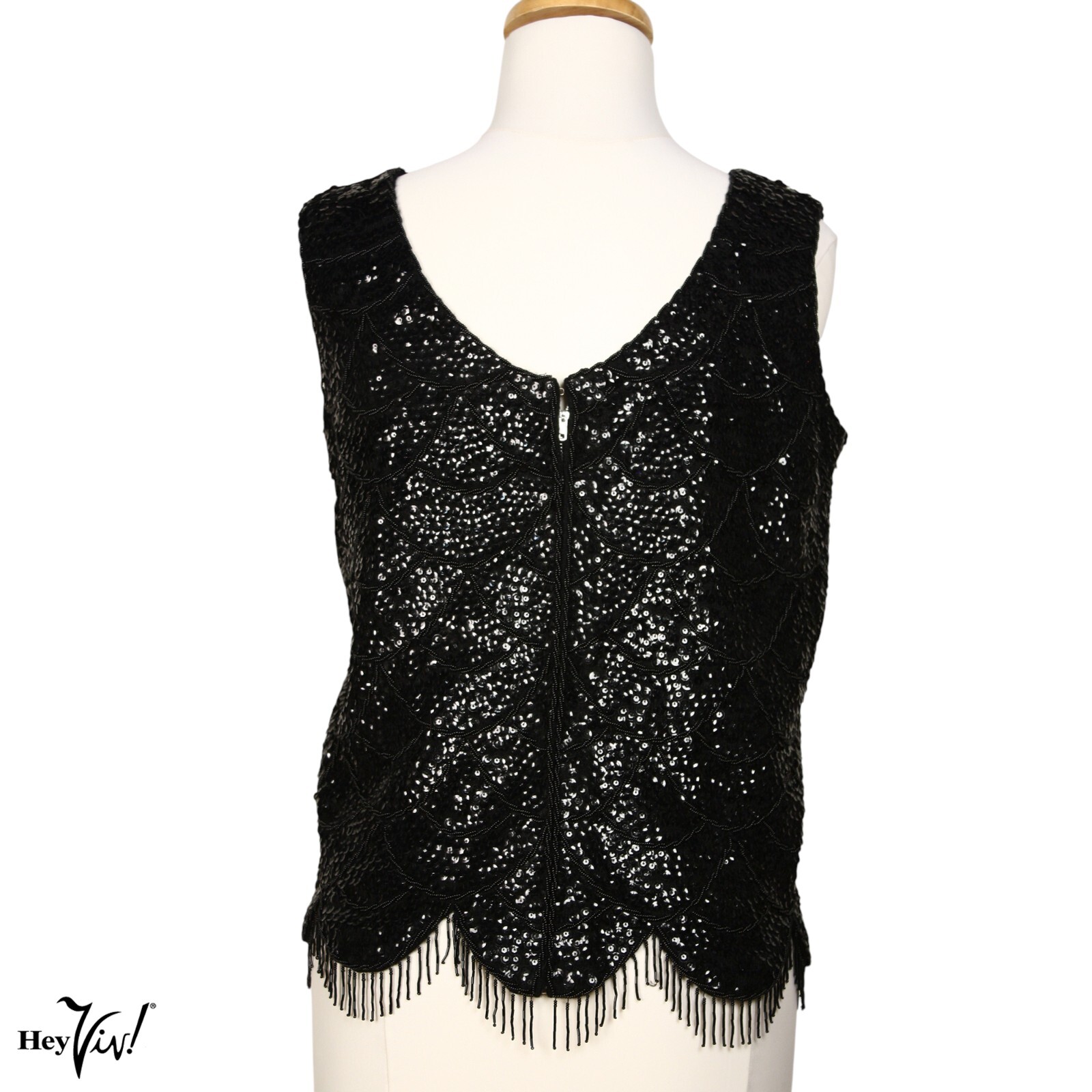 Vintage Black Sequin Bead Shell Top Scalloped Fringe Metal Zip B38 W36 – Hey Viv