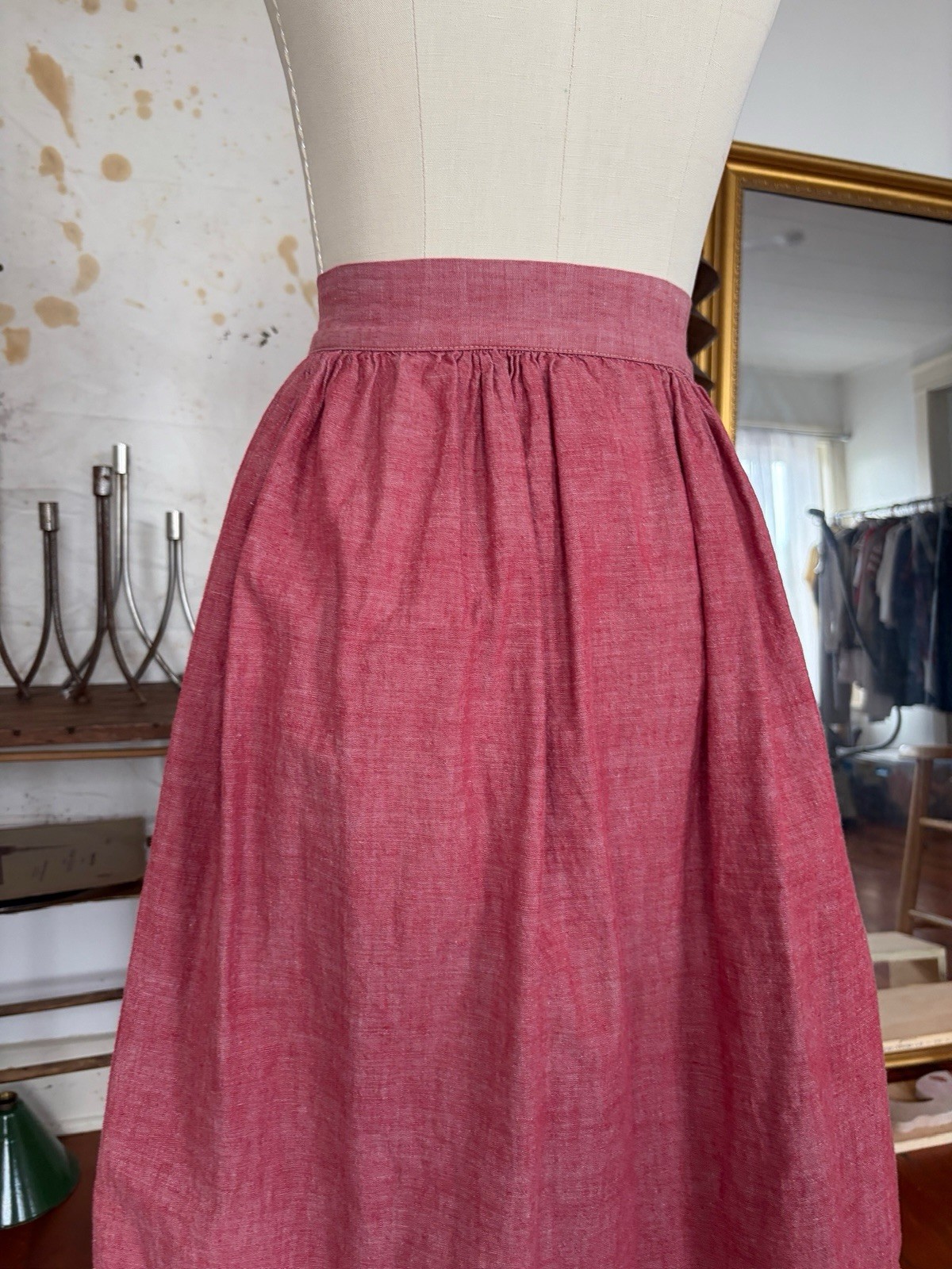 30s 40s Chambray Rayon Cotton Button Front Skirt Feedsack Pocket Workwear 24/25”