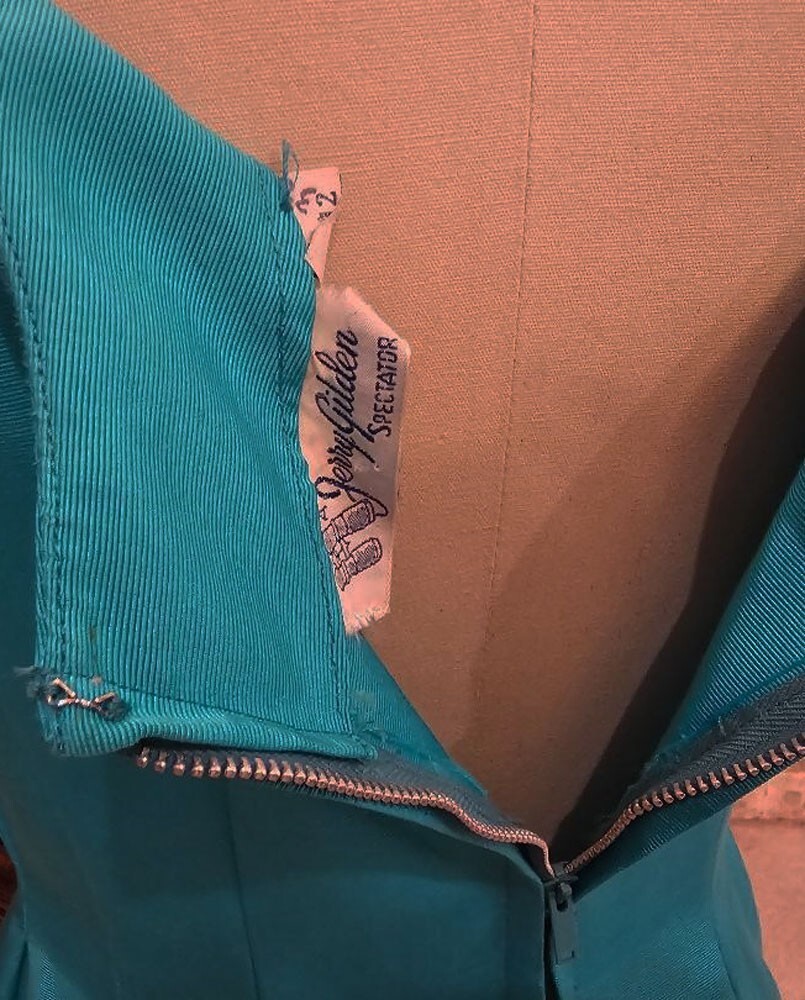 VINTAGE 1960s JERRY GILDEN SPECTATOR TURQUOISE FULL CIRCLE DRESS W METAL ZIPPER