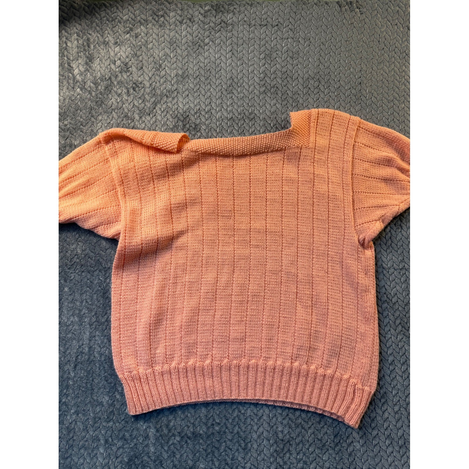 Vintage Handmade Peach Coral Knit Top Short Sleeve Ribbed Sweater Pinup