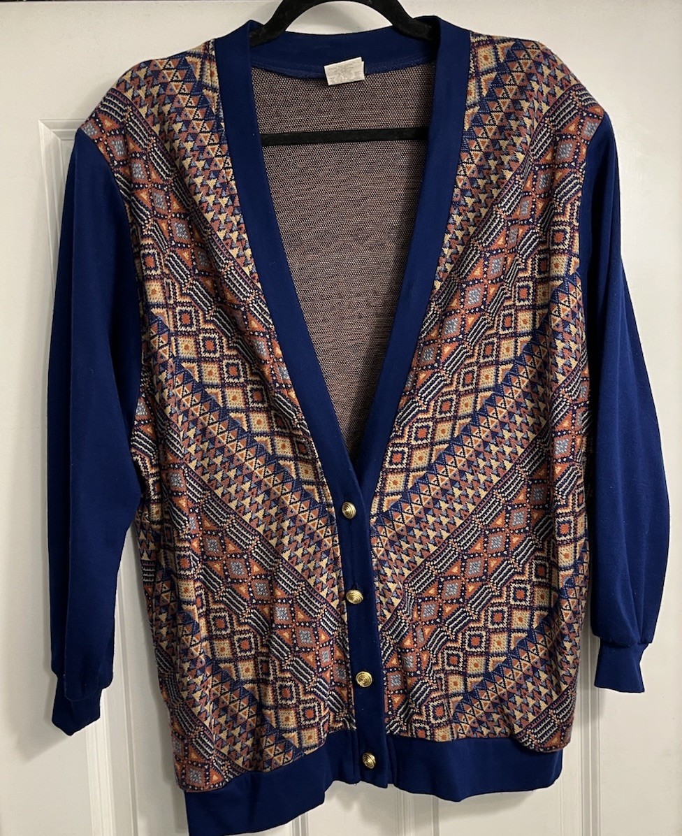 Vtg GRAFF Californiawear Cardigan Sz 14 Gold Buttons Geometric 70s 80s Pockets