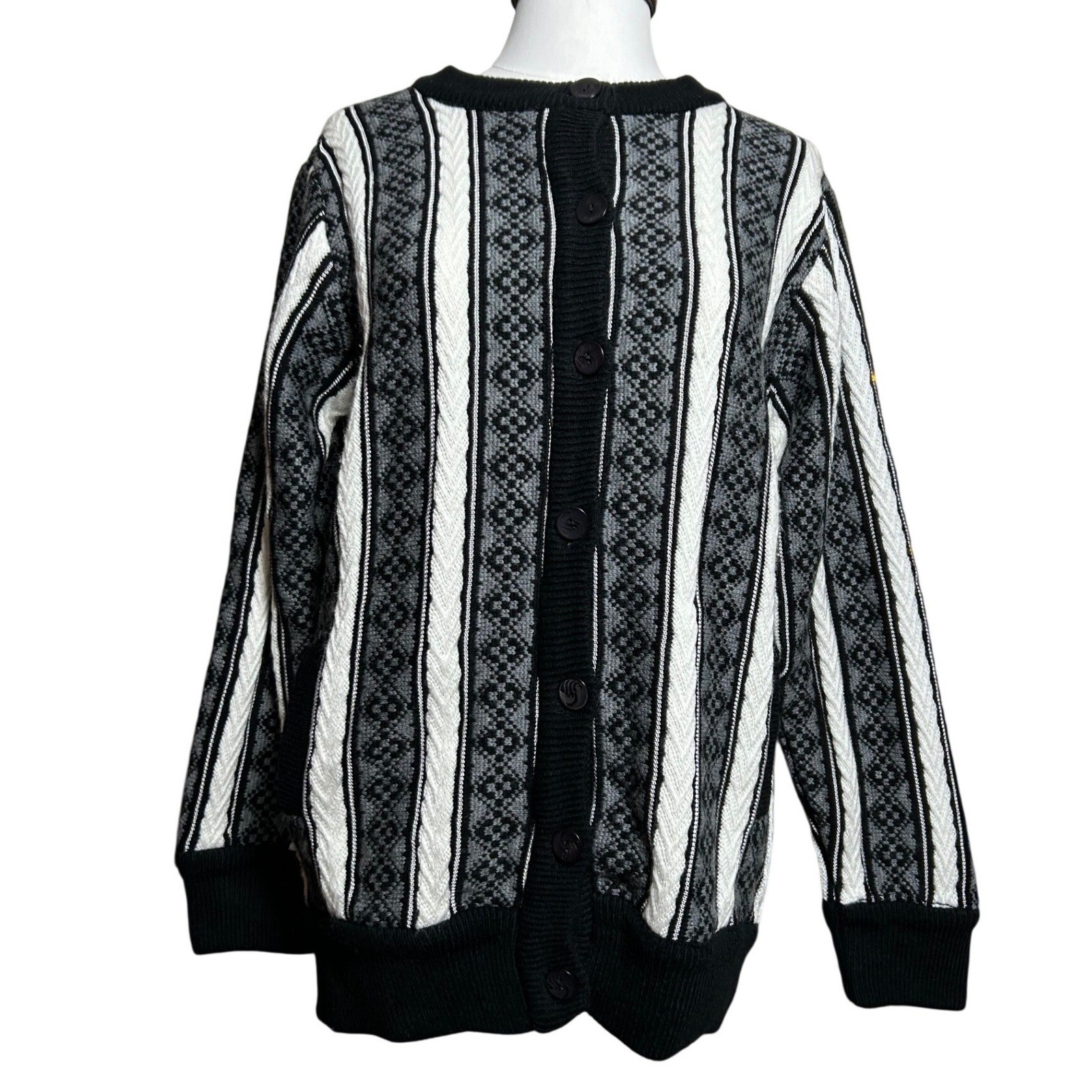 Vintage Black White Striped Geometric Retro Nordic 90s Cardigan Sweater S/M