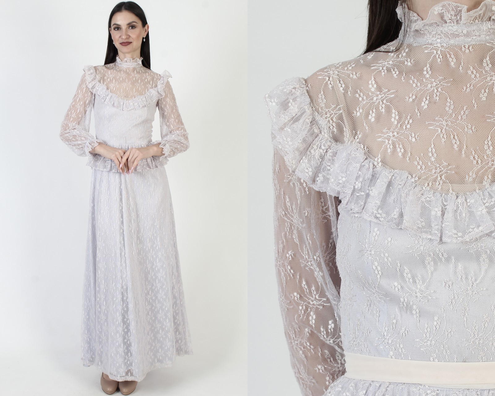 Vtg 70s Violet Peplum Cottagecore Dress Lace Victorian Antique Boho Wedding