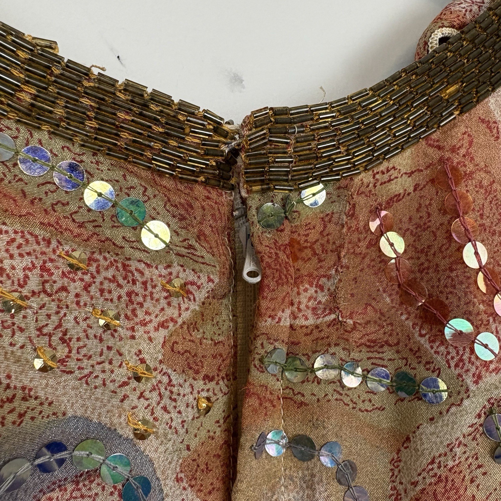 Vtg Judith Ann Creations Sequin 100% Abstract Silk India Long Sleeve Dress
