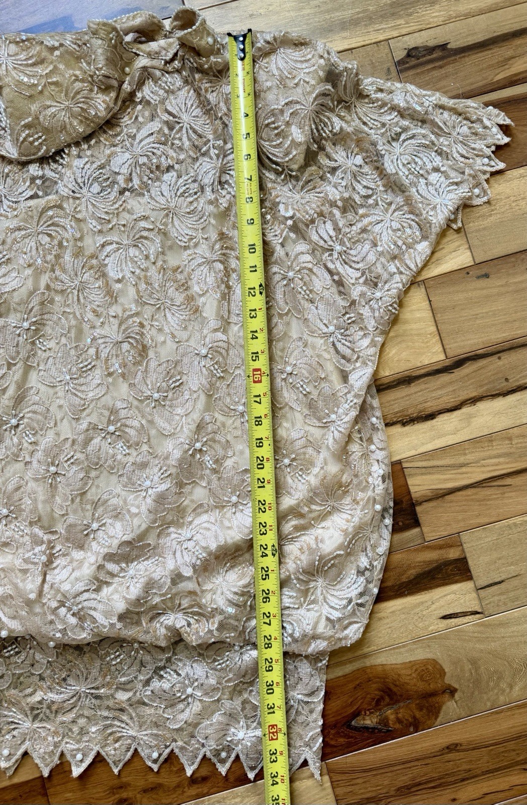 Vtg 80s CHAMPELLYSE Pure Silk Beaded Sequin Lace Tunic Dress M Drop Waist