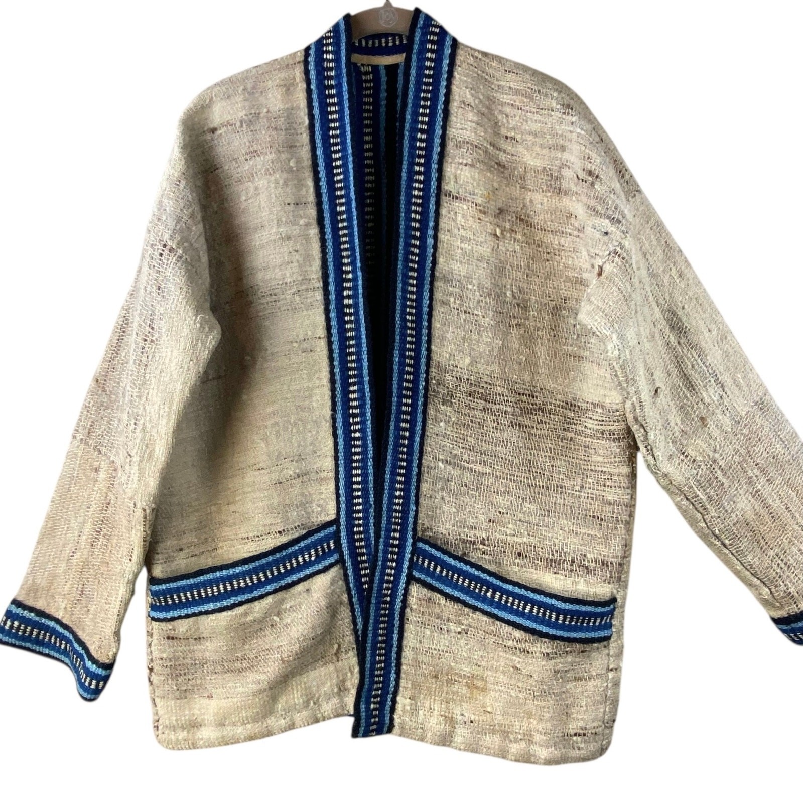 Hand Woven Wool Jacket Size L Cream Blue Artisan Boho