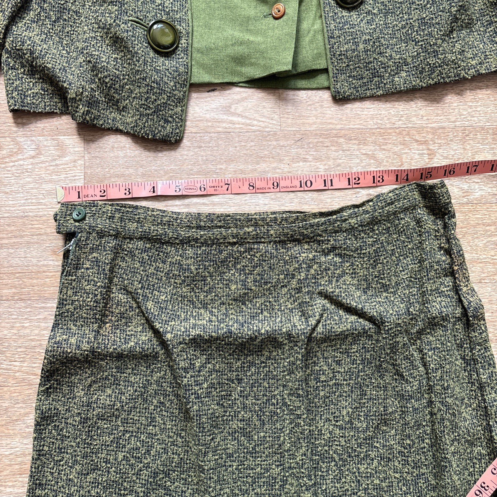 Vintage 1960’s Olive Green Tweed Long Straight Skirt 3 Piece Jacket Blouse M 60s