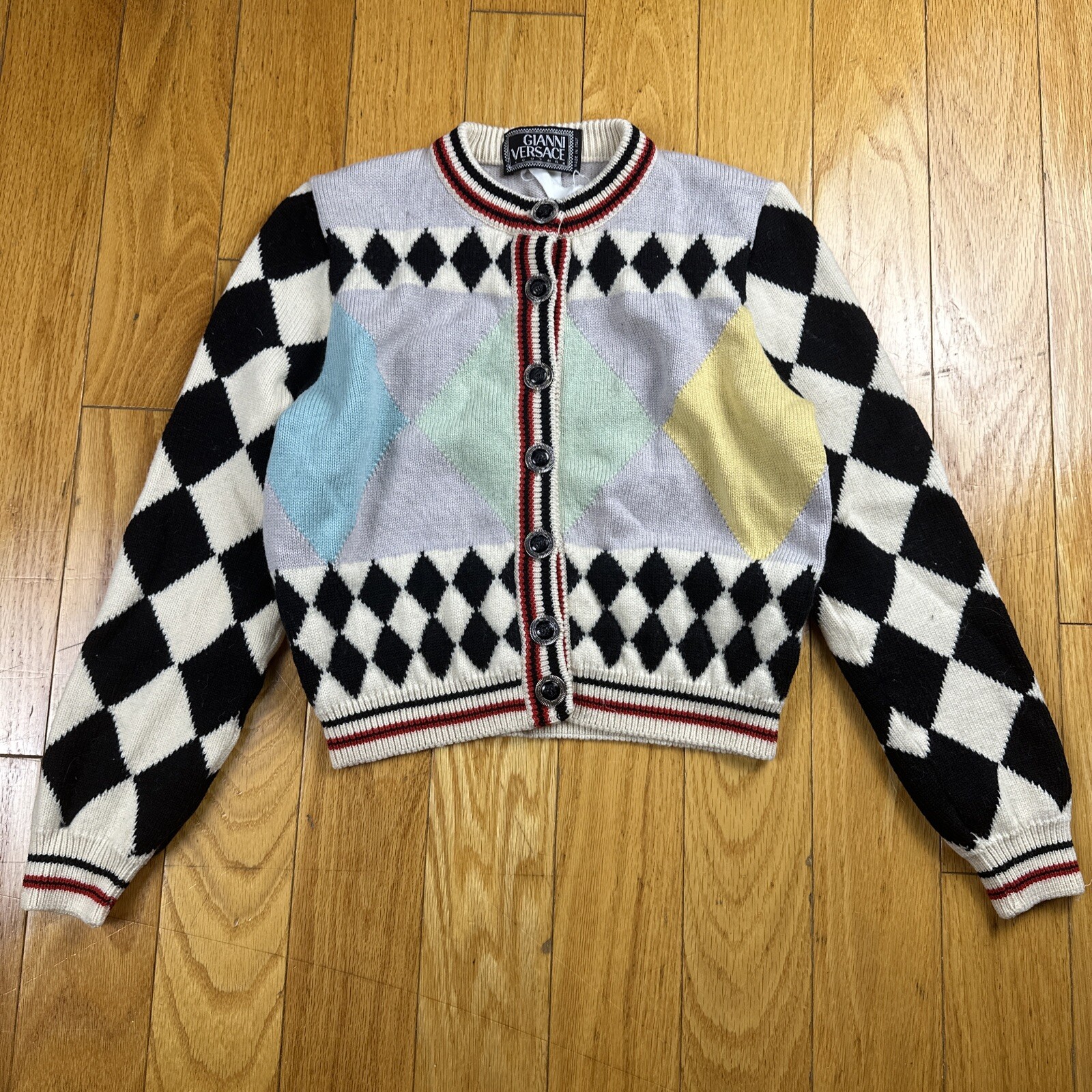 Vintage 90s Gianni Versace Couture Cardigan Sz S Wool Harlequin Pattern Sweater