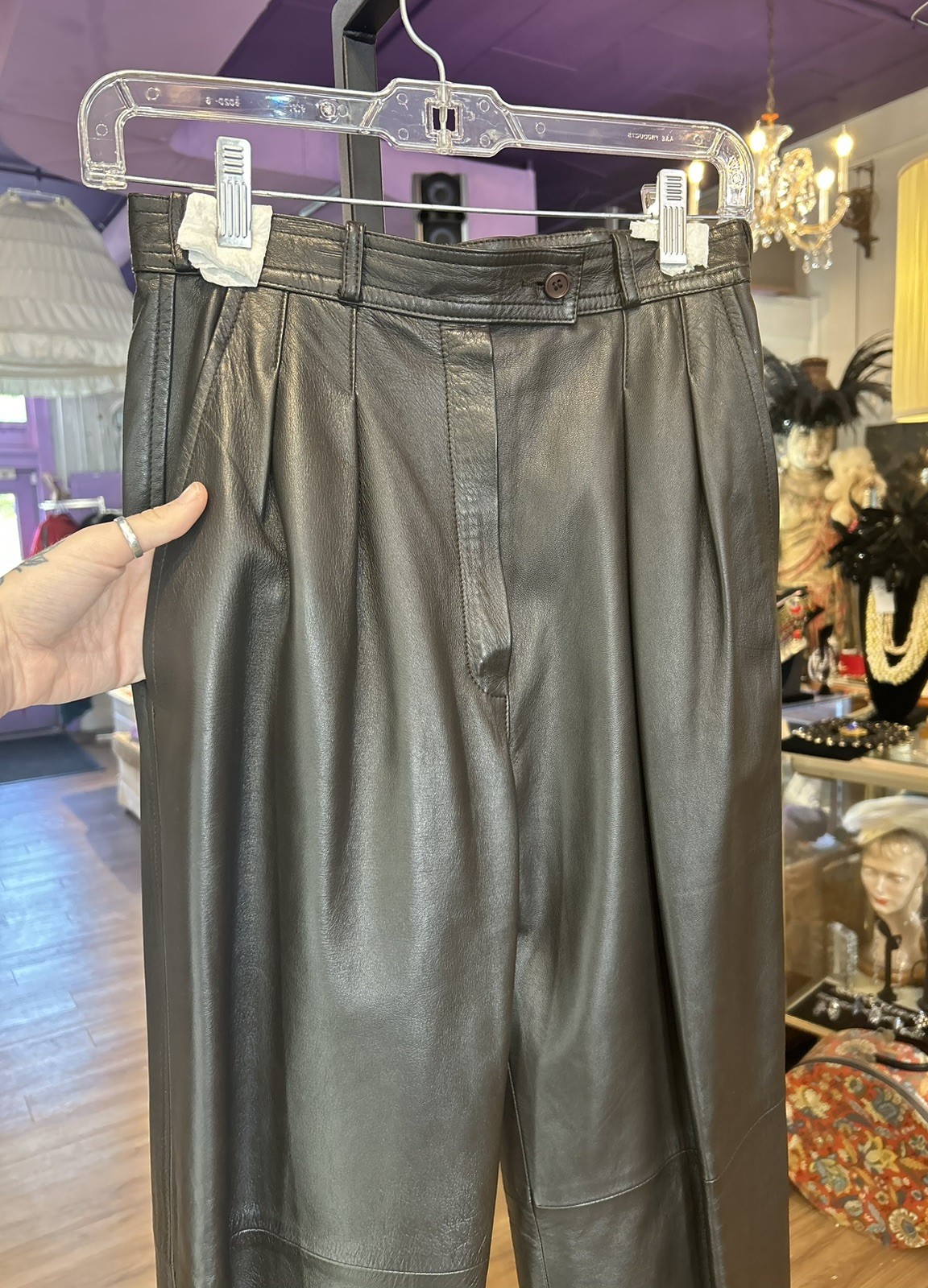 Vntg 1970s YSL Rive Gauche Brown Lambskin Leather Pants, Sz 26 Waist