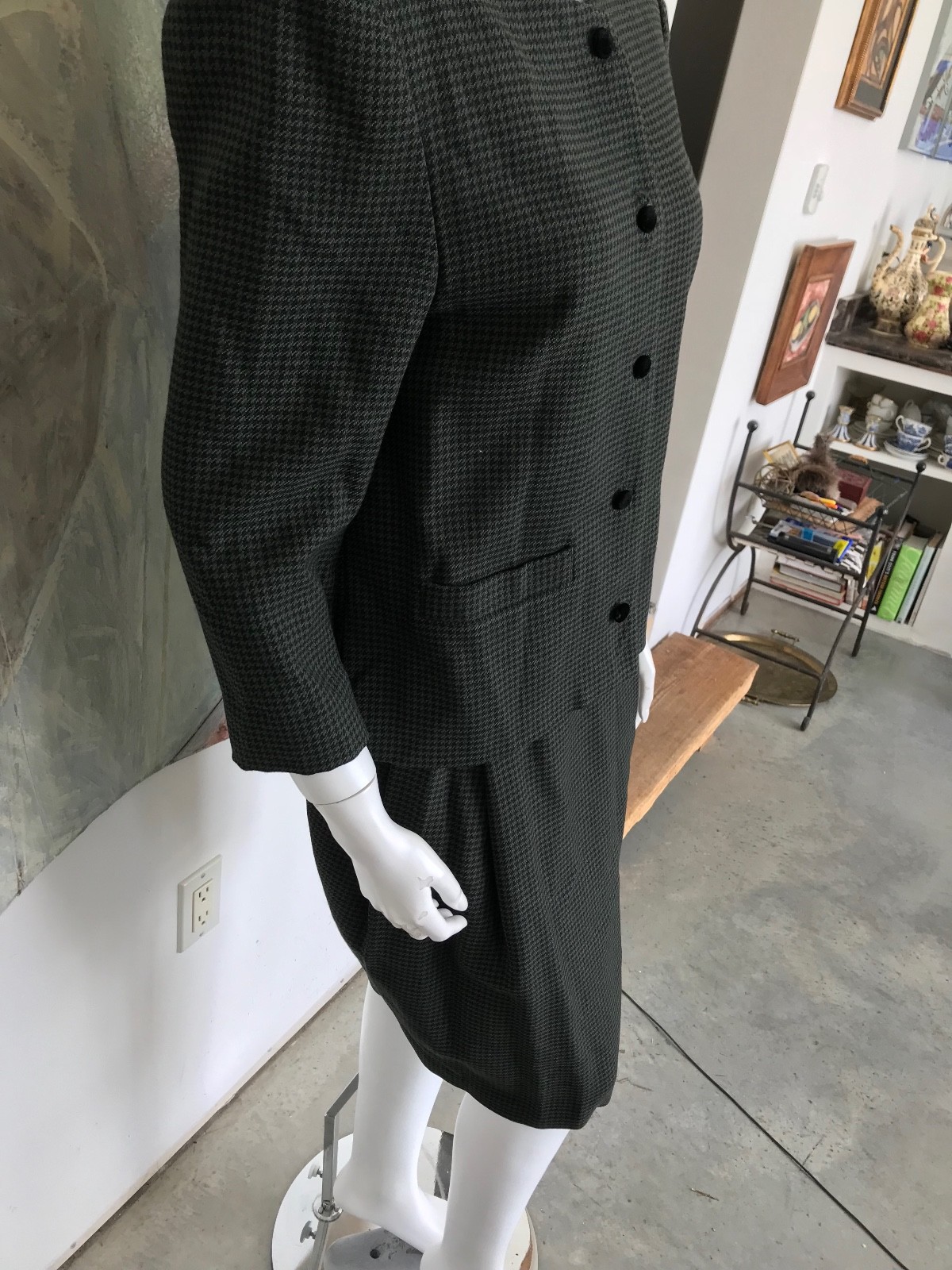 Sylvia Heisel Wool Herringbone Skirt Suit Dress Green Modern Small