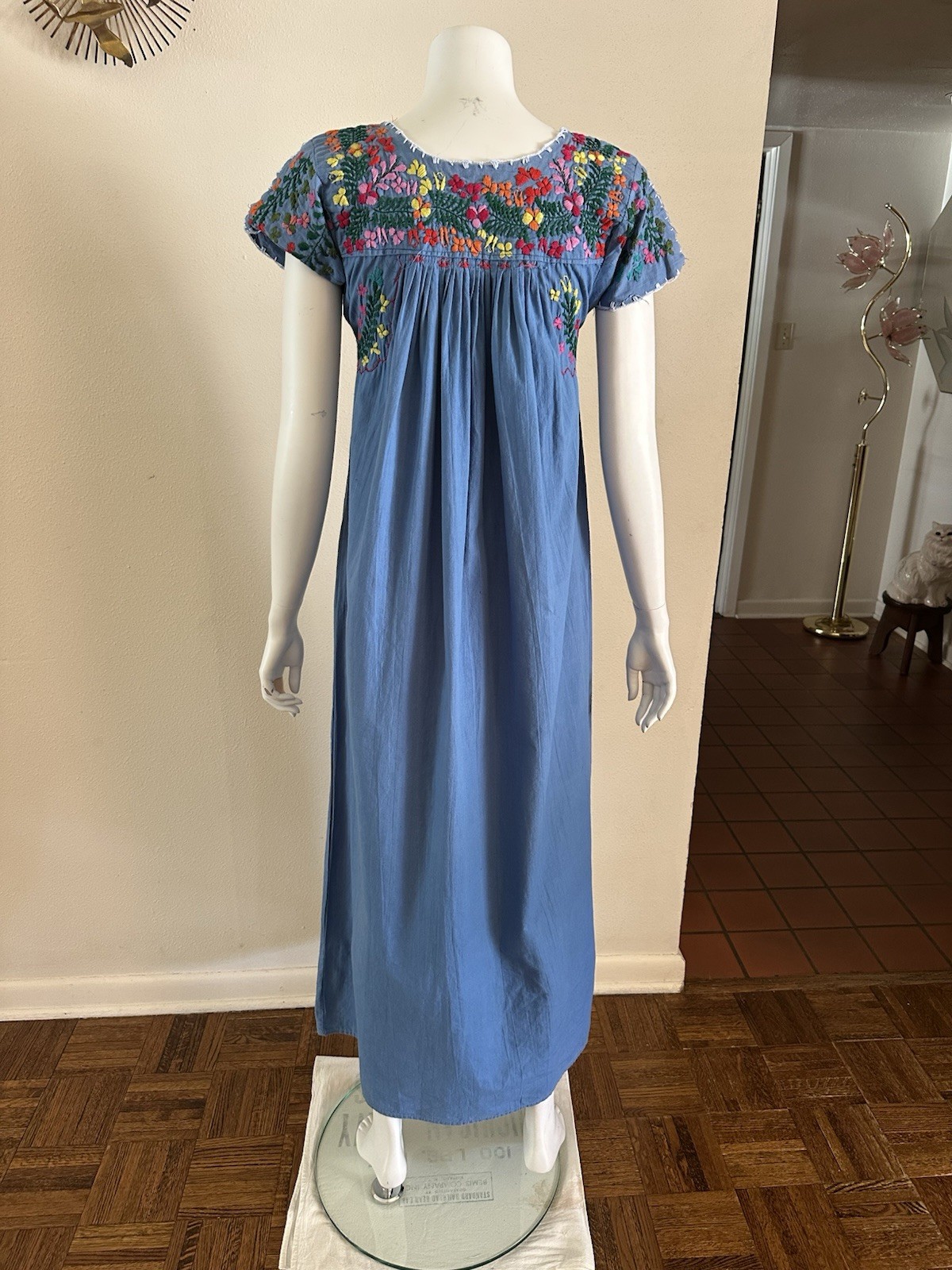 1970s Blue Cotton Oaxacan Mexican Huipil Dress Embroidered Floral Maxi Sz S VTG