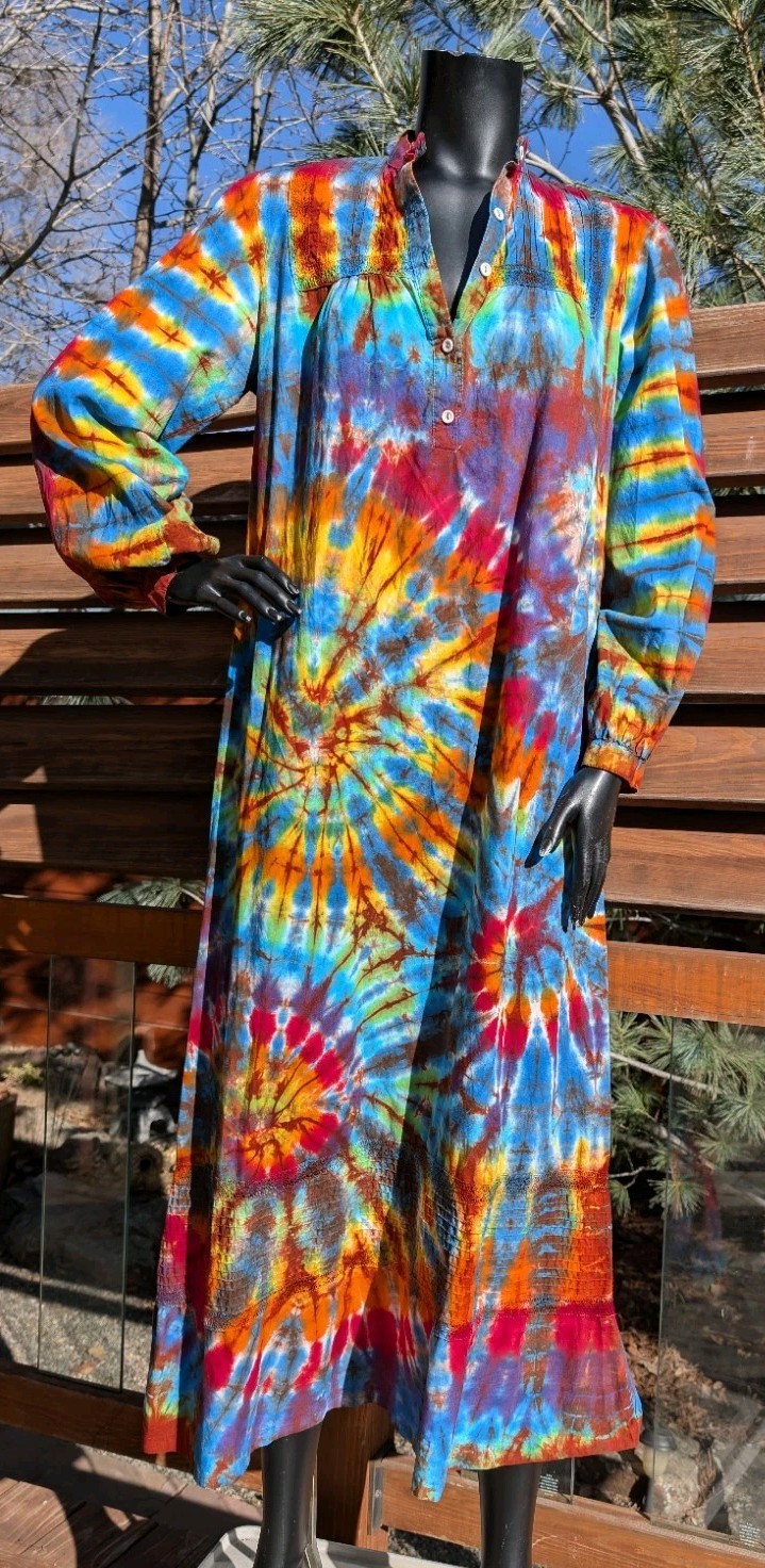 Vintage long sleeve cotton Tie Dye hippie festival dress sz L Aileen West