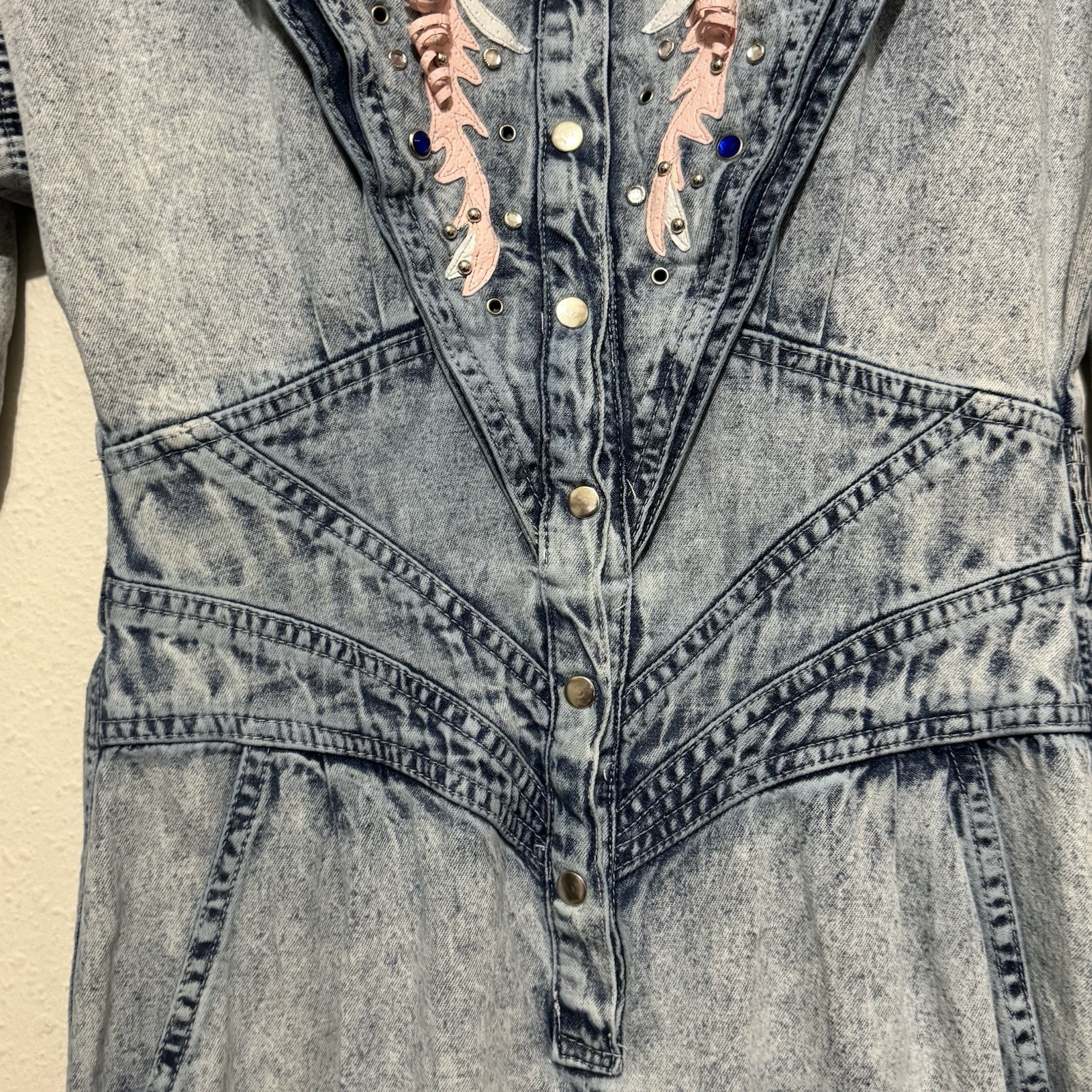 Vintage 80s Amdiano Italia Denim Acid Wash Jumpsuit size Medium pink leather gem