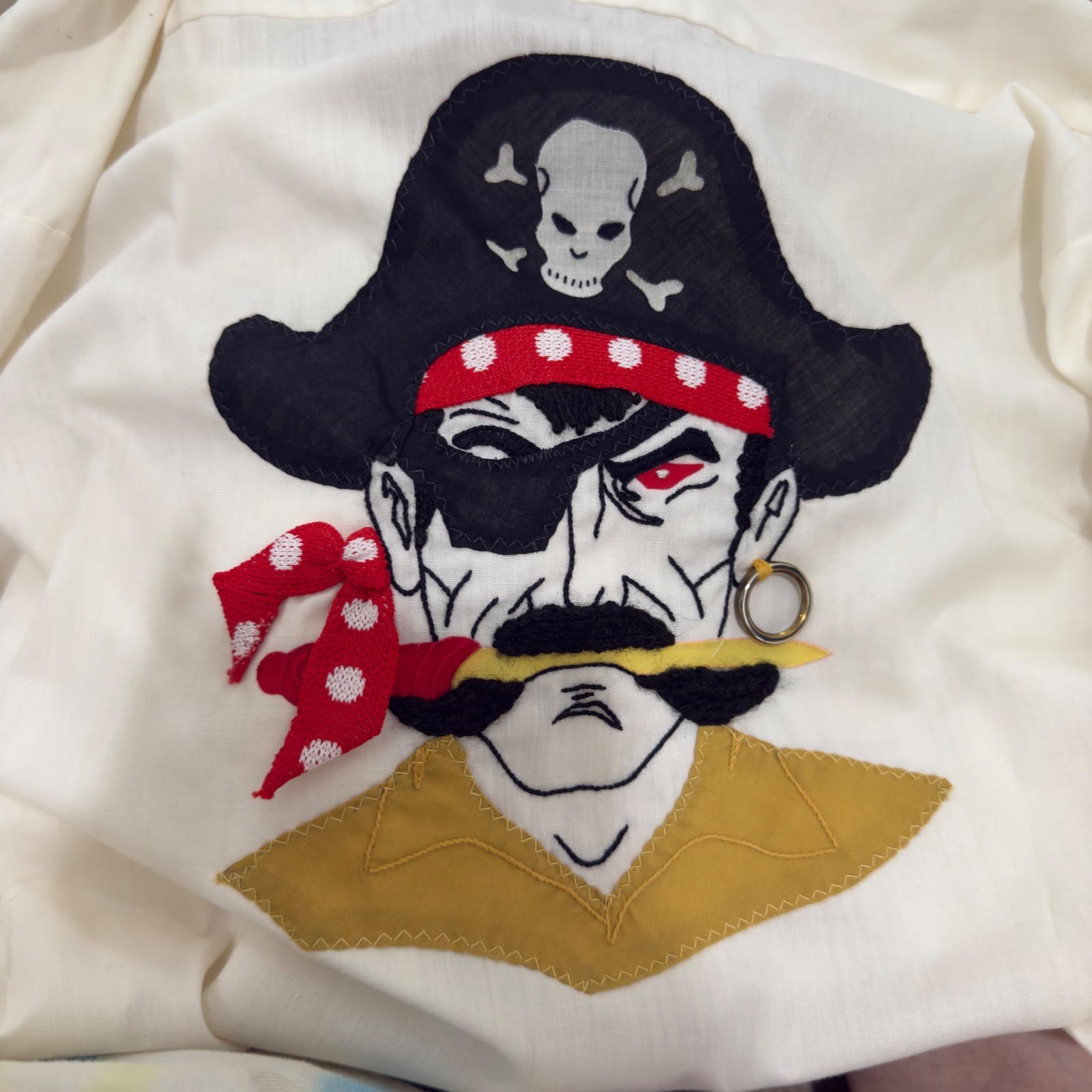 Vintage Bread 70s Cream Button Up Shirt Hand Embroidered Pirate Graphic Small