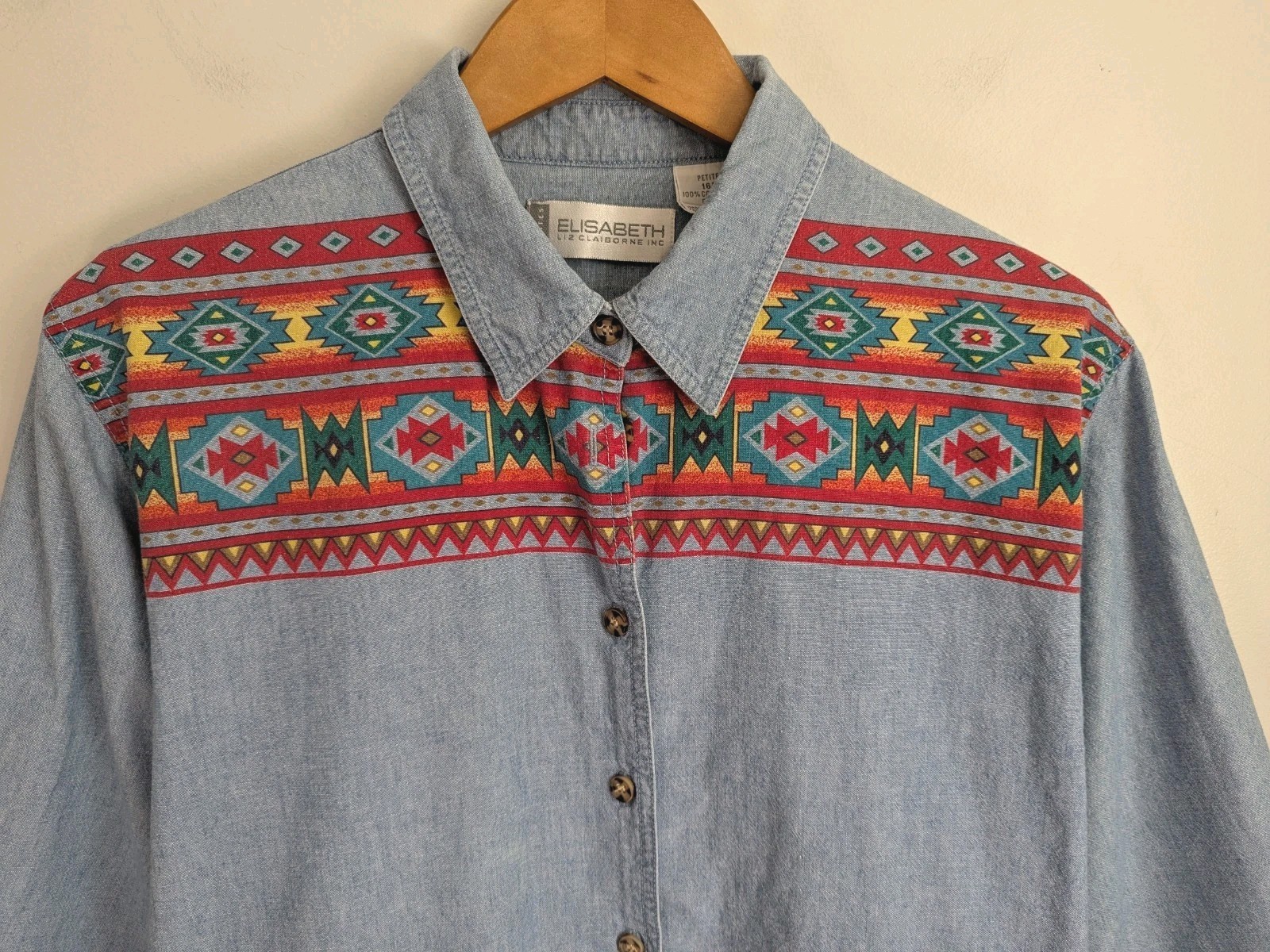 90s Womens Blue Chambray Shirt Aztec Tribal Boho 16P Western Cowgirl Button Up