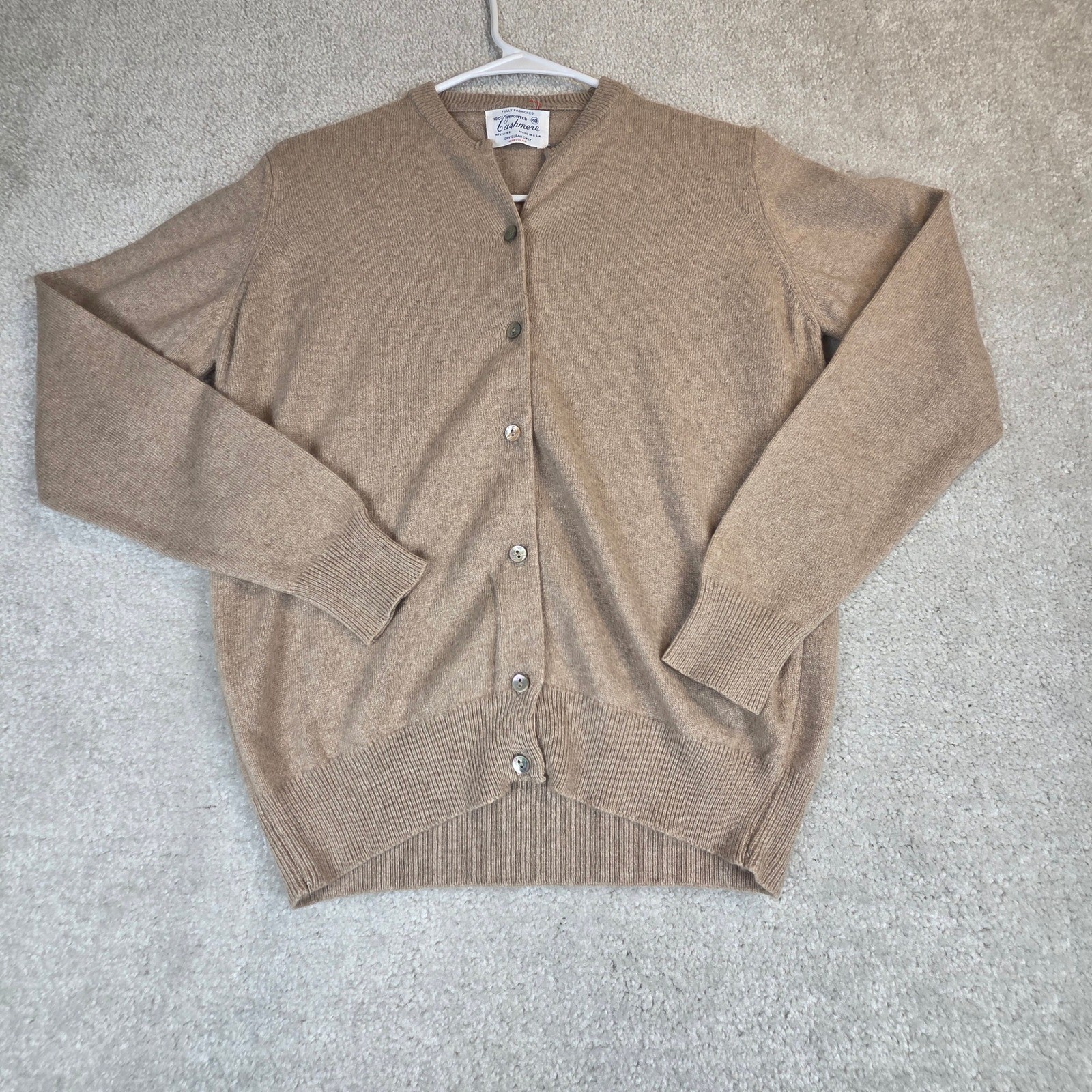 Vintage 100% Cashmere Cardigan Sweater Tan V-Neck Button Front Made in USA 40