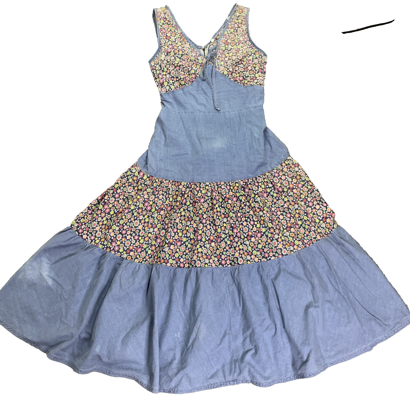 Vtg Prairie Cottagecore Chambray Calico Dress Size XS Cotton