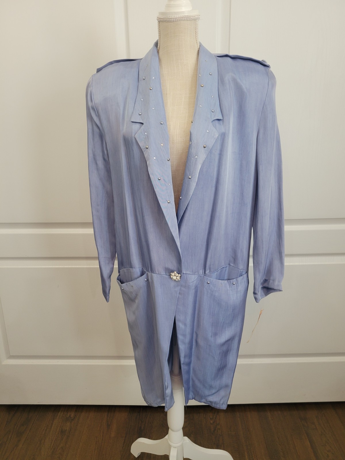Vintage L.A. GLO Periwinkle Duster Jacket Womens L Studded Pleated Back 80s NWT