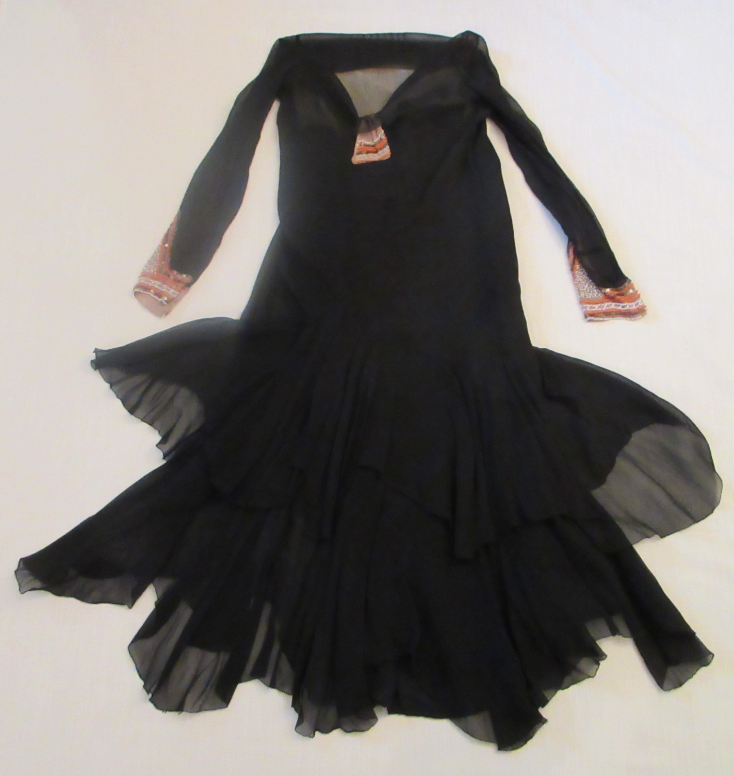 Vintage 1920s-30s Black Silk Chiffon Beaded Flapper Dress